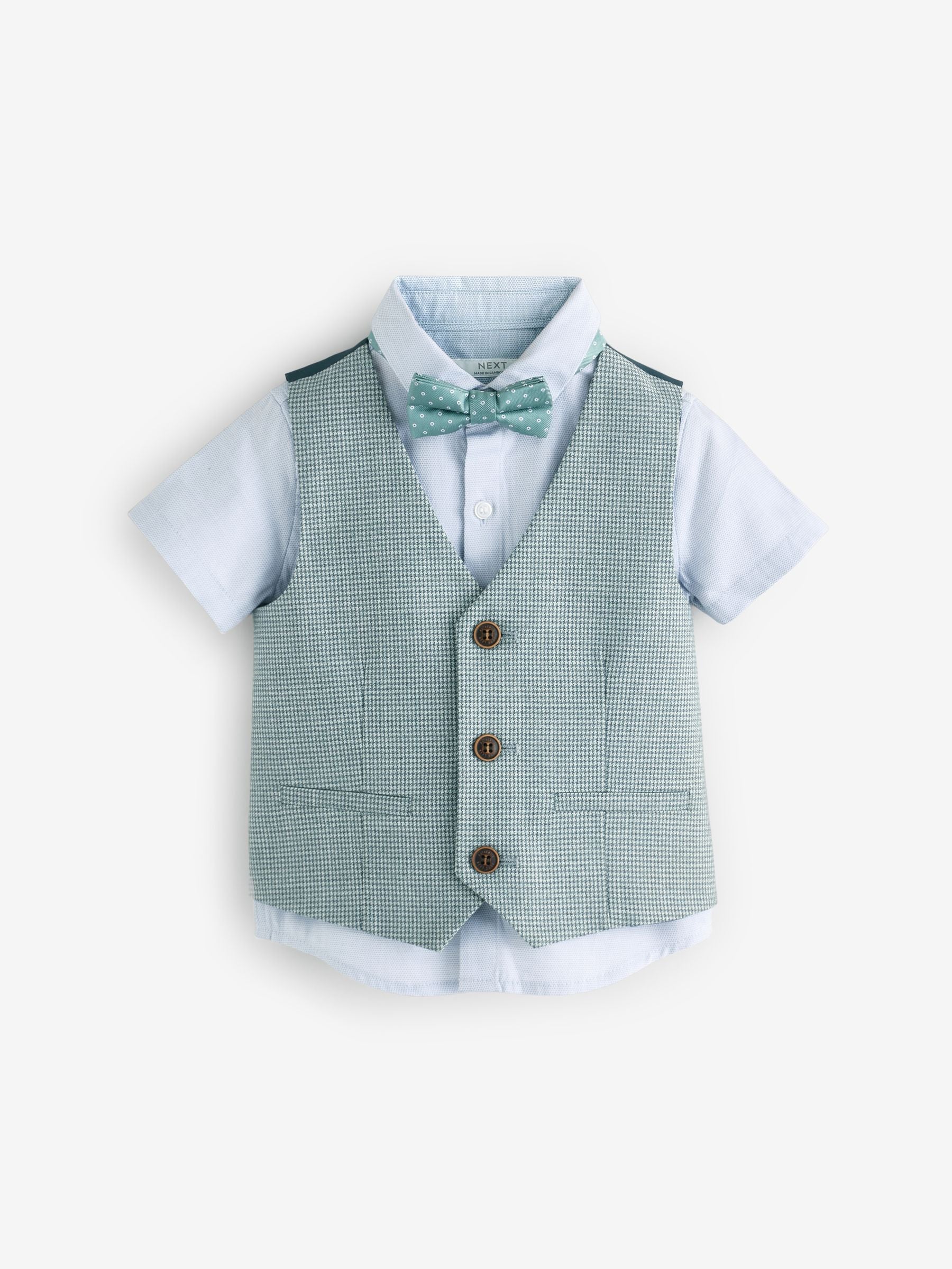 Sage Green Puppytooth Waistcoat, Shirt and Bow Tie Set (3mths-9yrs)