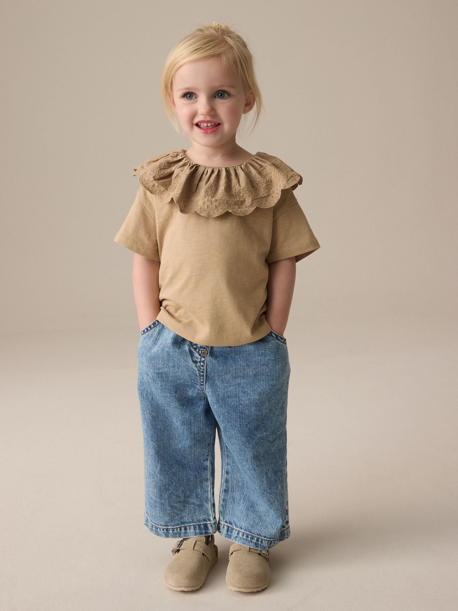 Brown Short Sleeve Broderie Collar 100% Cotton Top (3mths-7yrs)