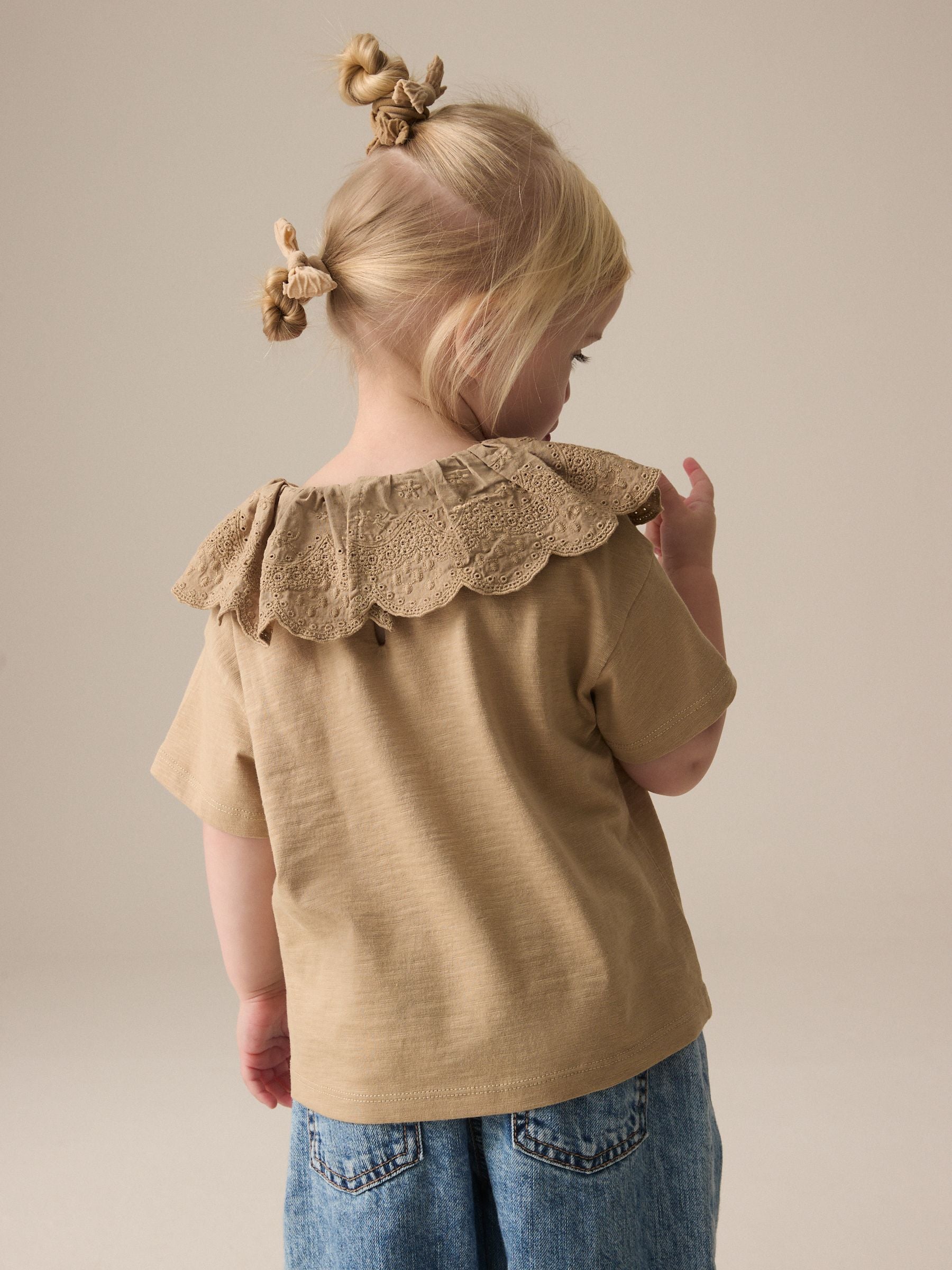 Brown Short Sleeve Broderie Collar 100% Cotton Top (3mths-7yrs)