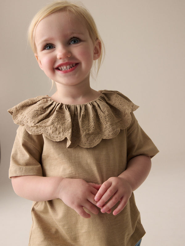 Brown Short Sleeve Broderie Collar 100% Cotton Top (3mths-7yrs)