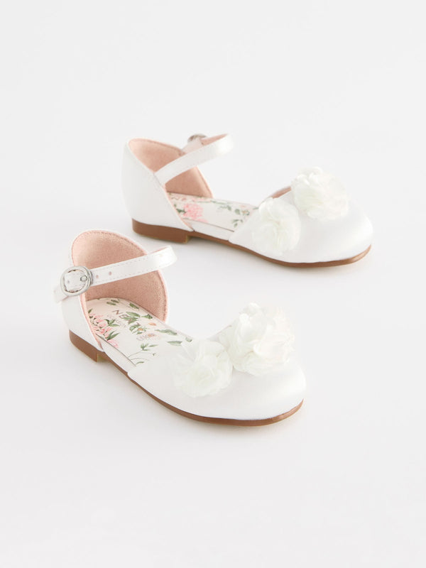 White Satin Bridesmaid Ankle Strap Corsage Occasion Shoes