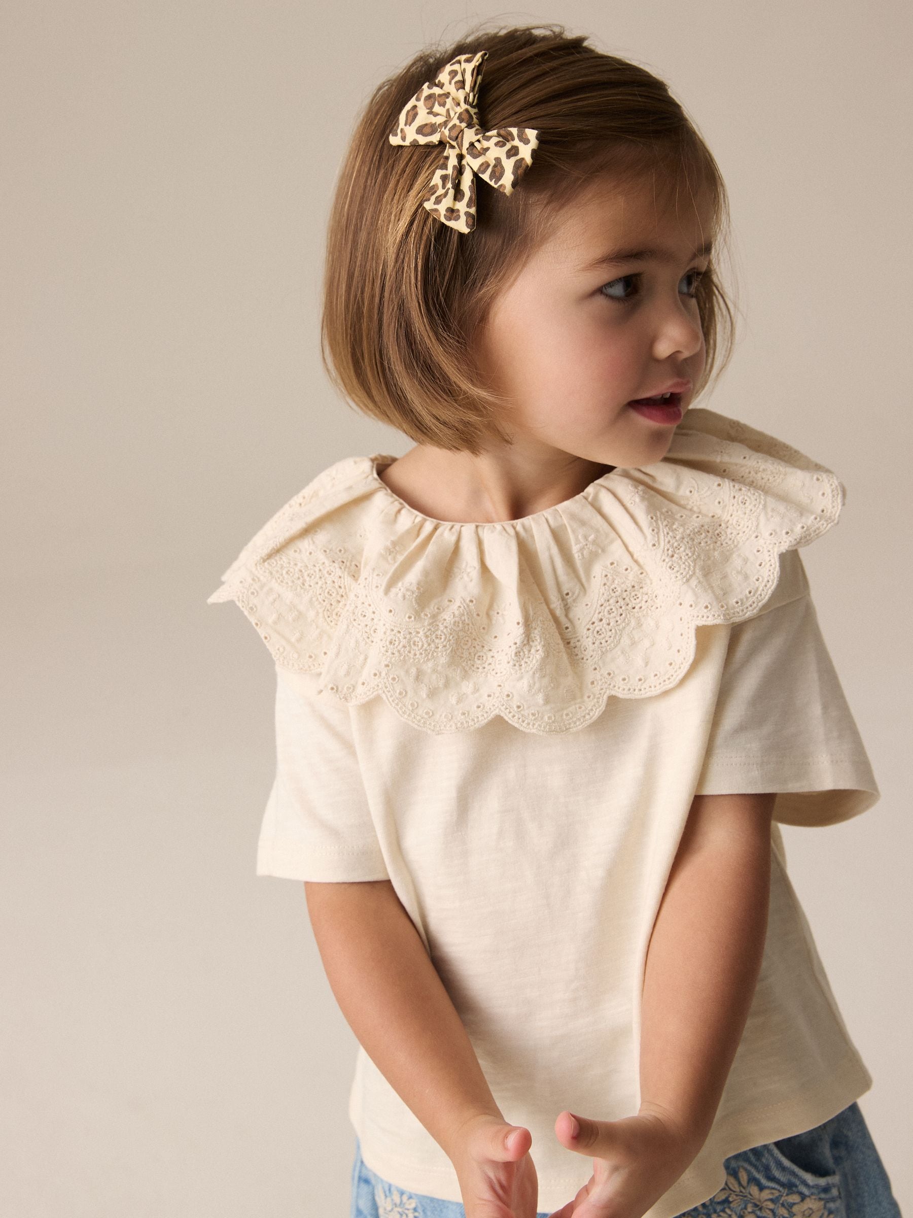 Cream Short Sleeve Broderie Collar 100% Cotton Top (3mths-7yrs)