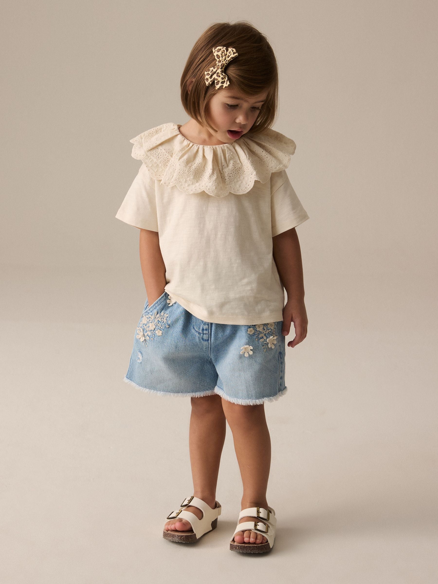 Cream Short Sleeve Broderie Collar 100% Cotton Top (3mths-7yrs)