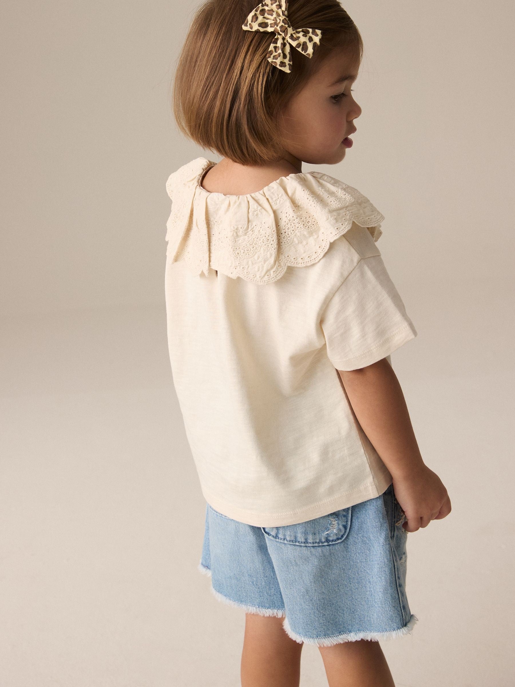 Cream Short Sleeve Broderie Collar 100% Cotton Top (3mths-7yrs)