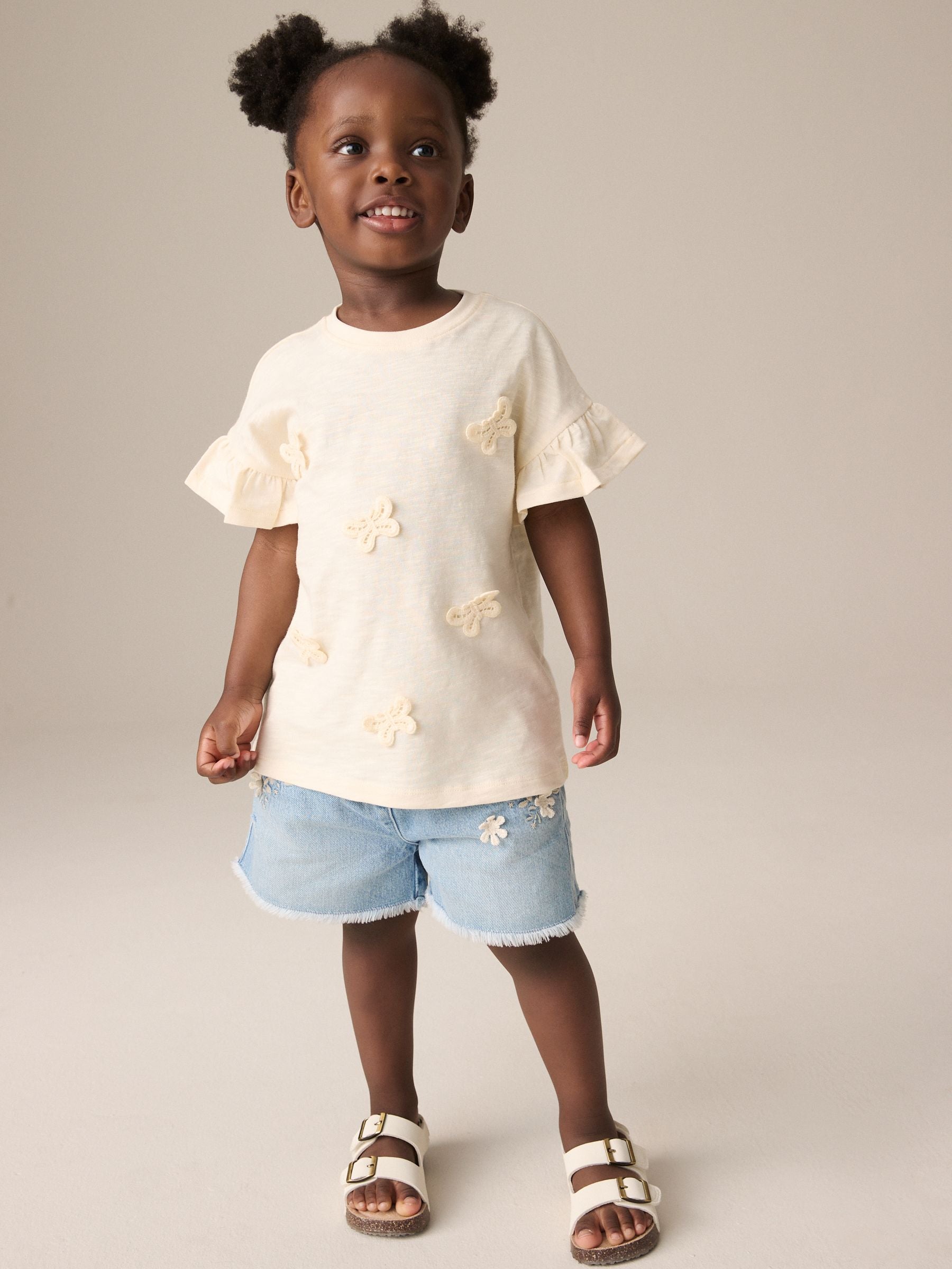 Cream Short Sleeve Butterfly Appliqué 100% Cotton T-Shirt (3mths-7yrs)