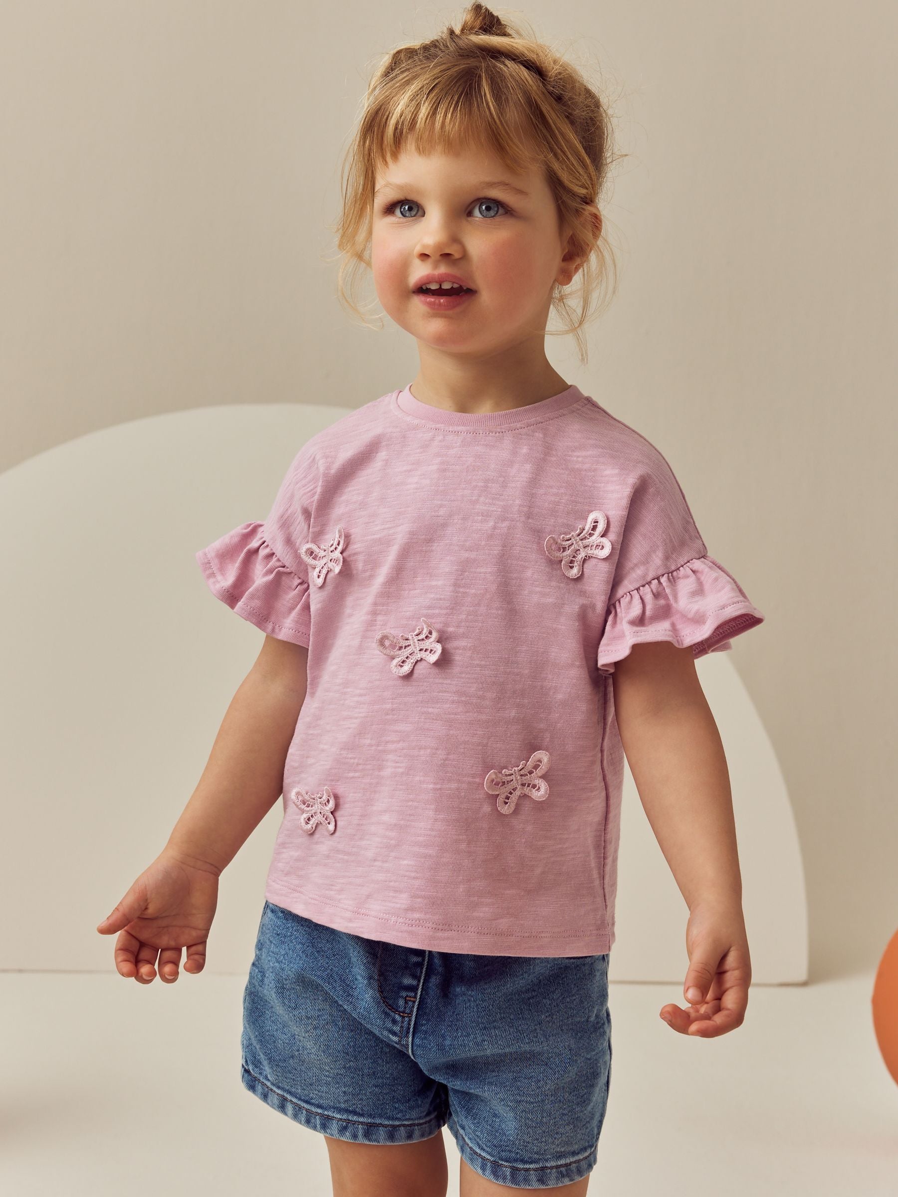 Pink Short Sleeve Butterfly Appliqué 100% Cotton T-Shirt (3mths-7yrs)