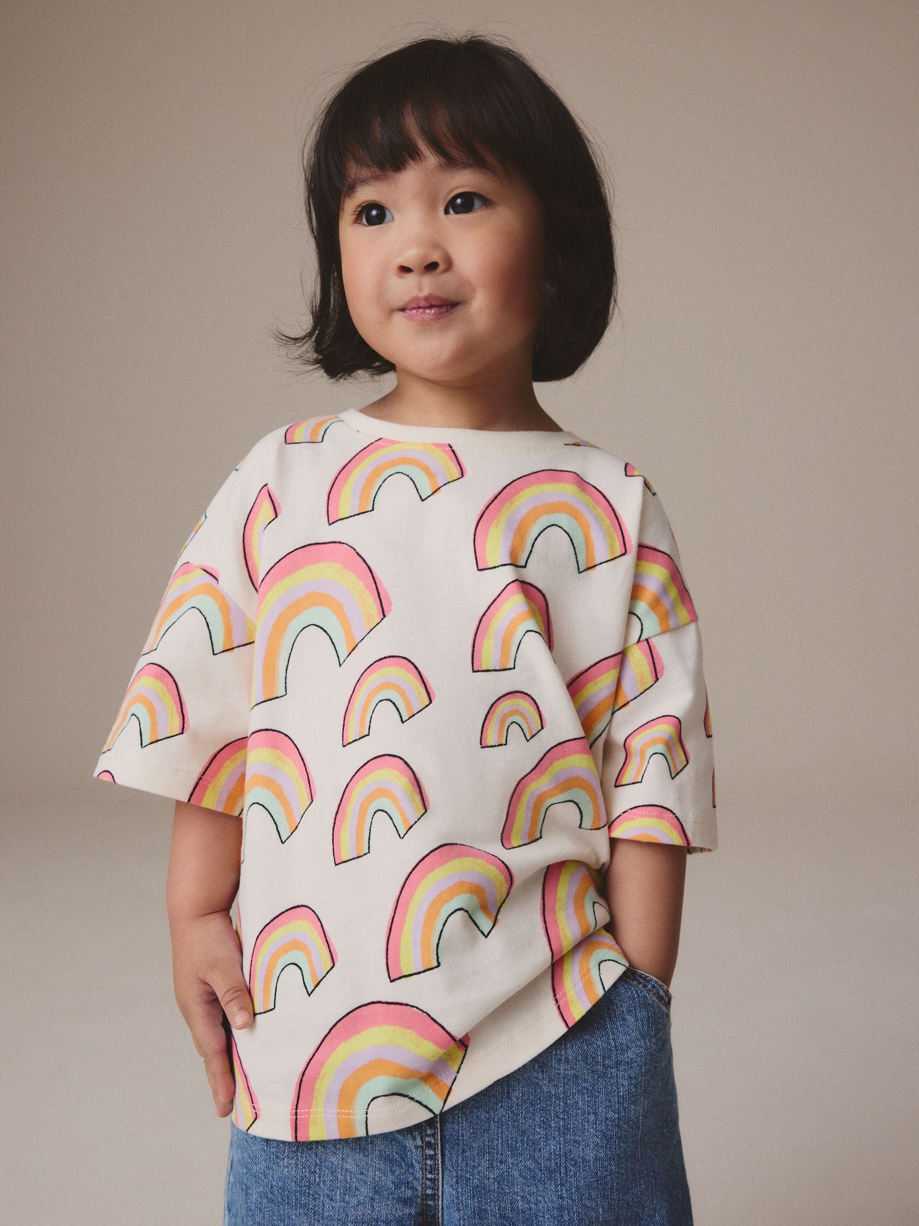 Cream Rainbow Girls Short Sleeve 100% Cotton T-Shirt (3mths-7yrs)