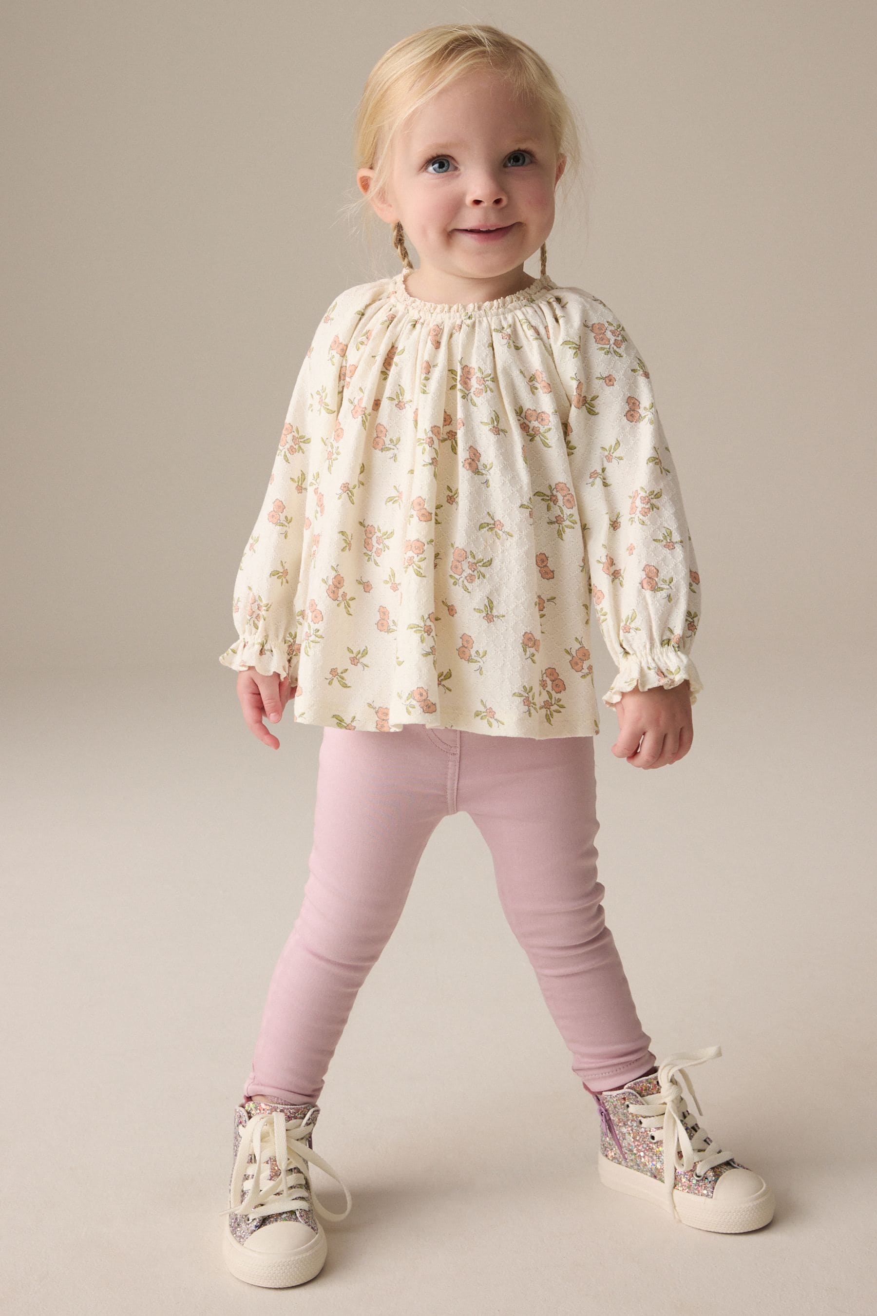 Cream Ditsy Floral Long Sleeve Gathered Neck Blouse (3mths-7yrs)