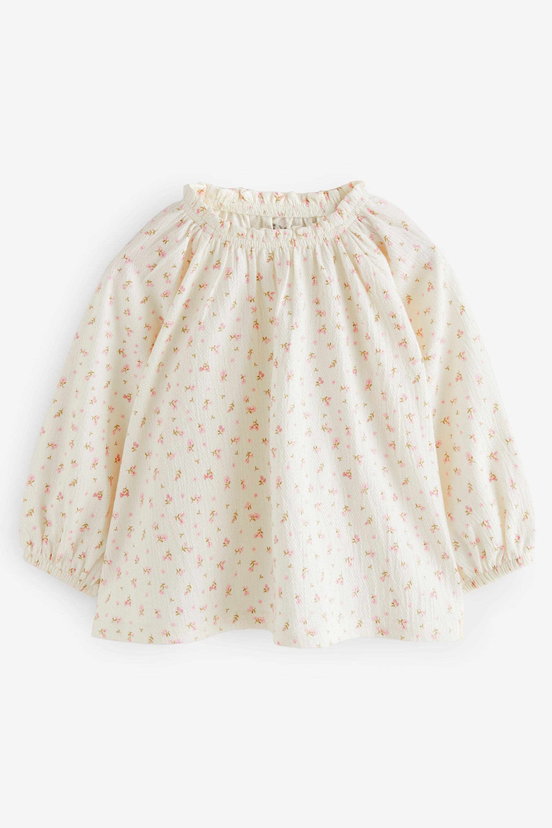 Cream Ditsy Floral Long Sleeve Gathered Neck Blouse (3mths-7yrs)