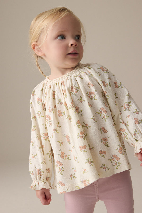 Cream Ditsy Floral Long Sleeve Gathered Neck Blouse (3mths-7yrs)