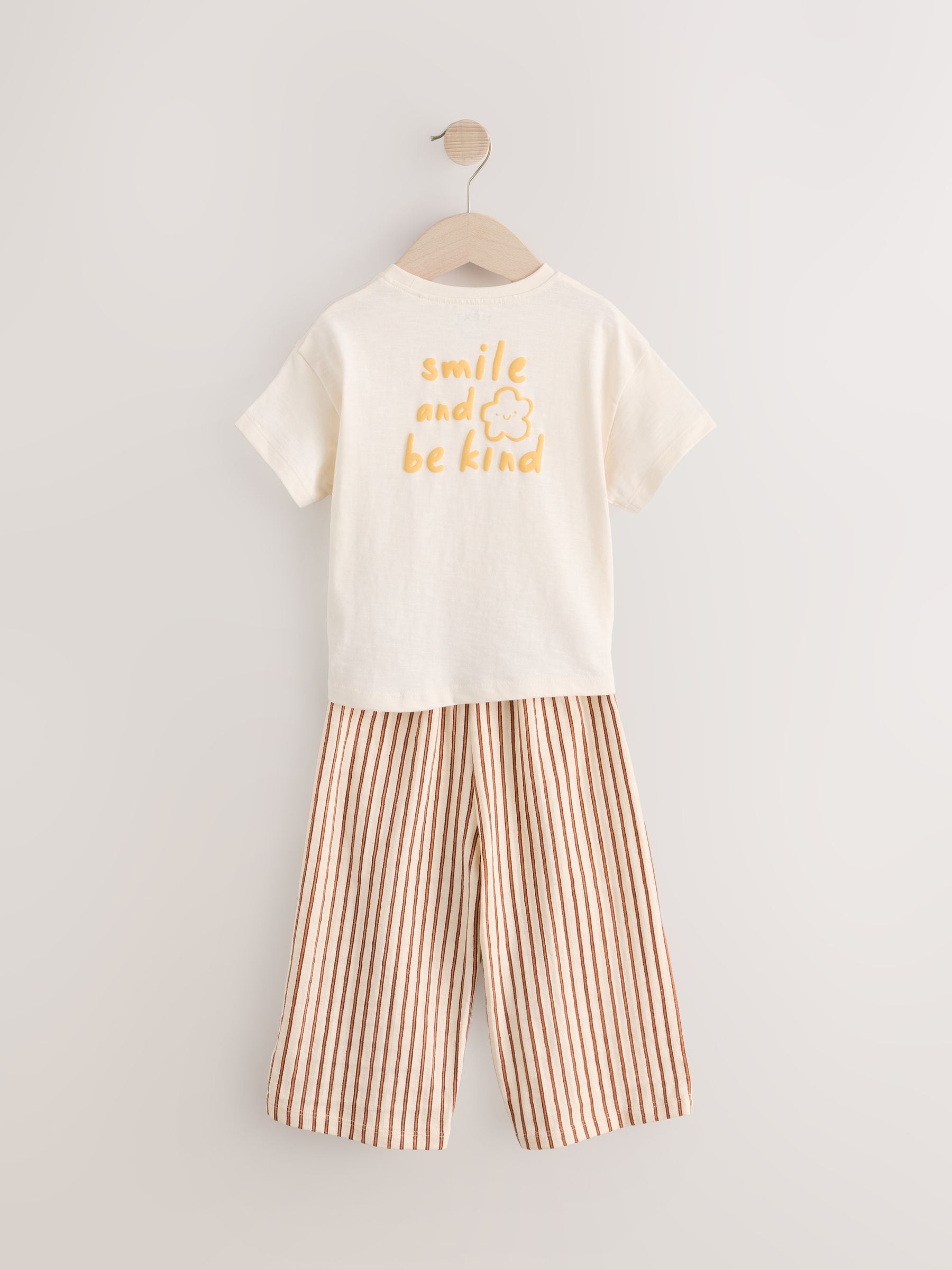 Cream Flower Short Sleeve 100% Cotton T-Shirt and Wide Trousers Set (3mths-7yrs)