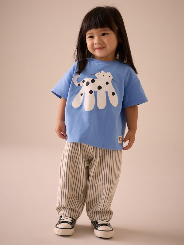 Blue Cat Character Short Sleeve 100% Cotton T-Shirt and Wide Trousers Set (3mths-7yrs)