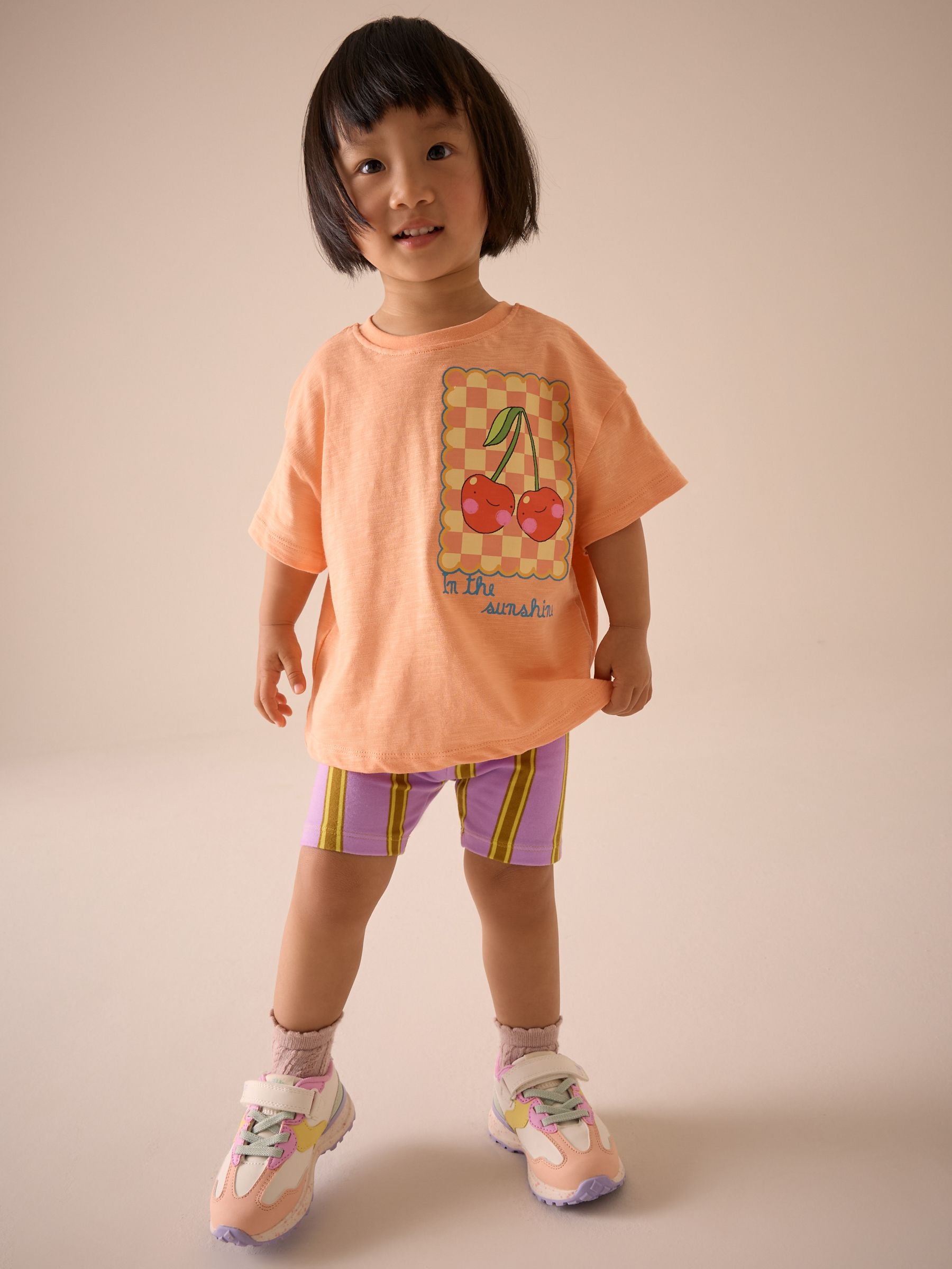 Coral Pink Cherry Short Sleeve T-Shirt and Cycle Shorts Set (3mths-7yrs)