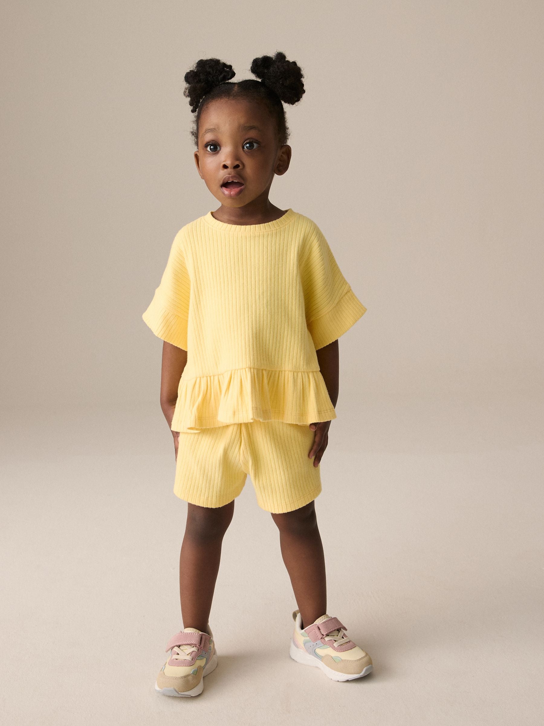 Yellow Short Sleeve Ribbed Top and Shorts Set (3mths-7yrs)