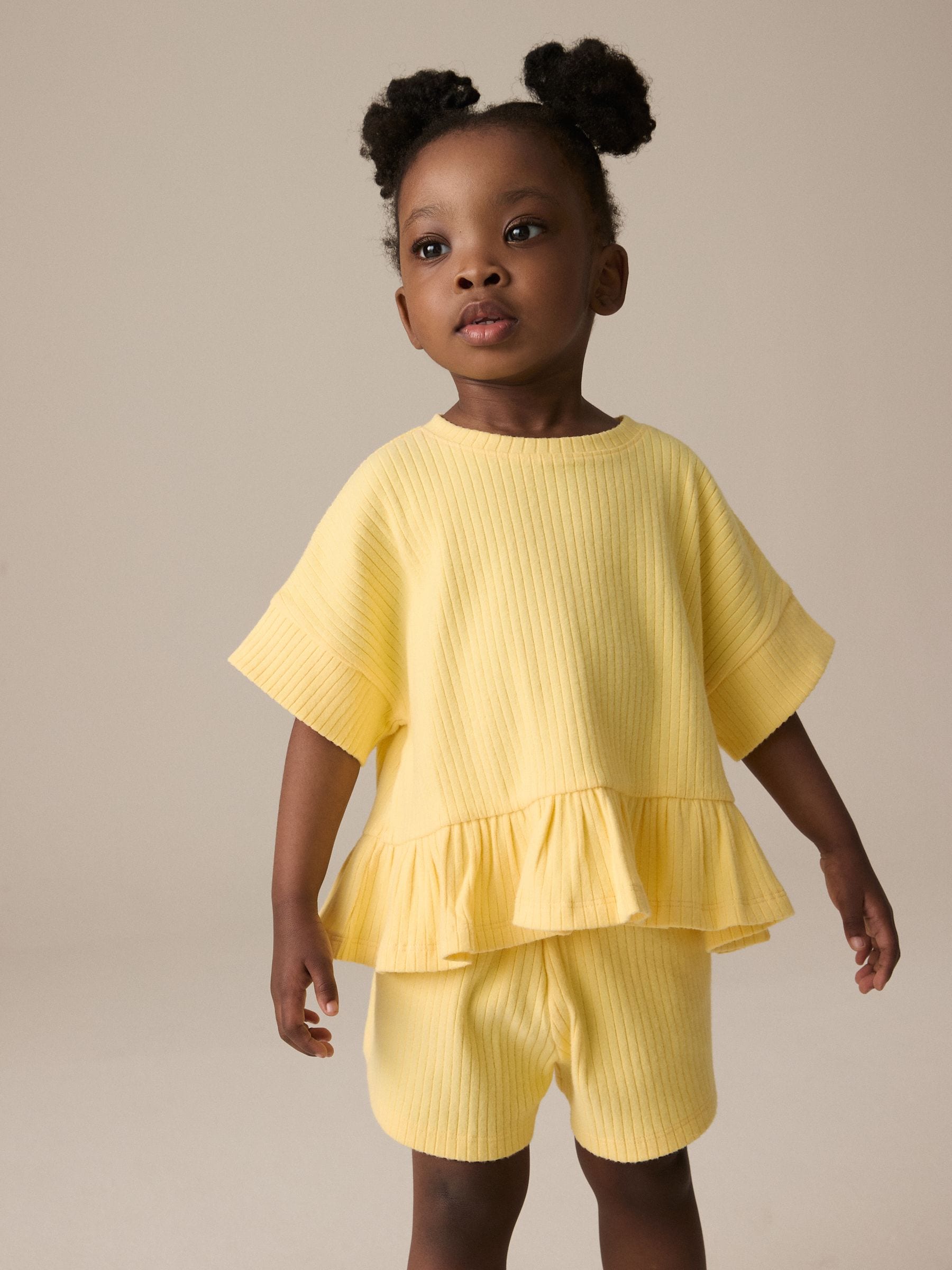 Yellow Short Sleeve Ribbed Top and Shorts Set (3mths-7yrs)