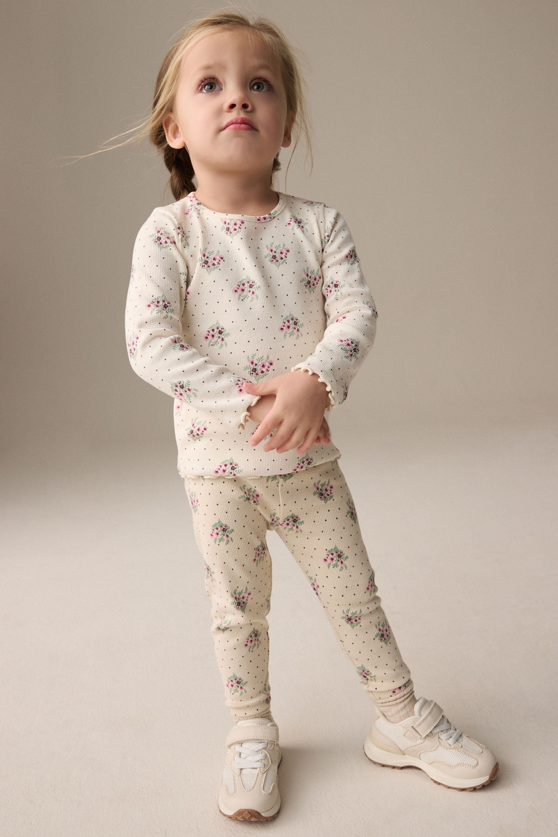 Cream Ditsy Floral Rib Leggings (3mths-7yrs)