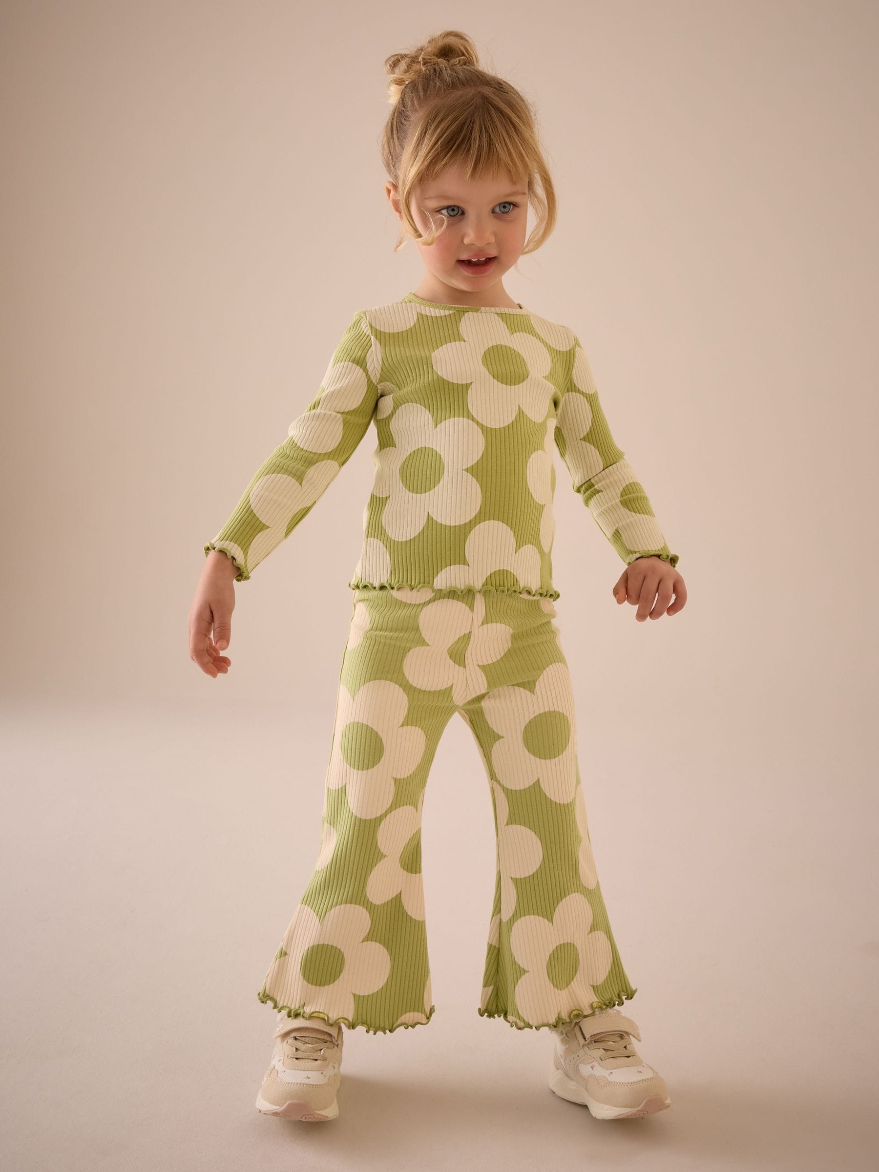 Green Flower Girls Ribbed Flare Leggings (3mths-7yrs)