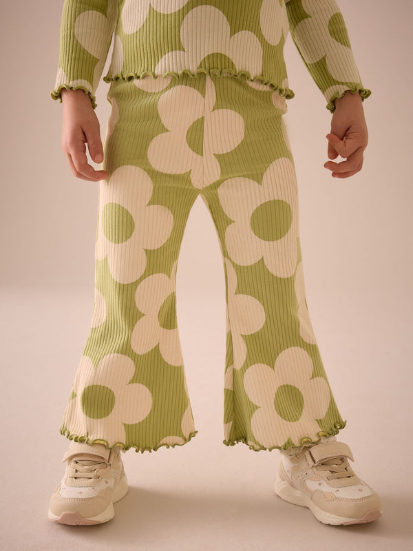 Green Flower Girls Ribbed Flare Leggings (3mths-7yrs)