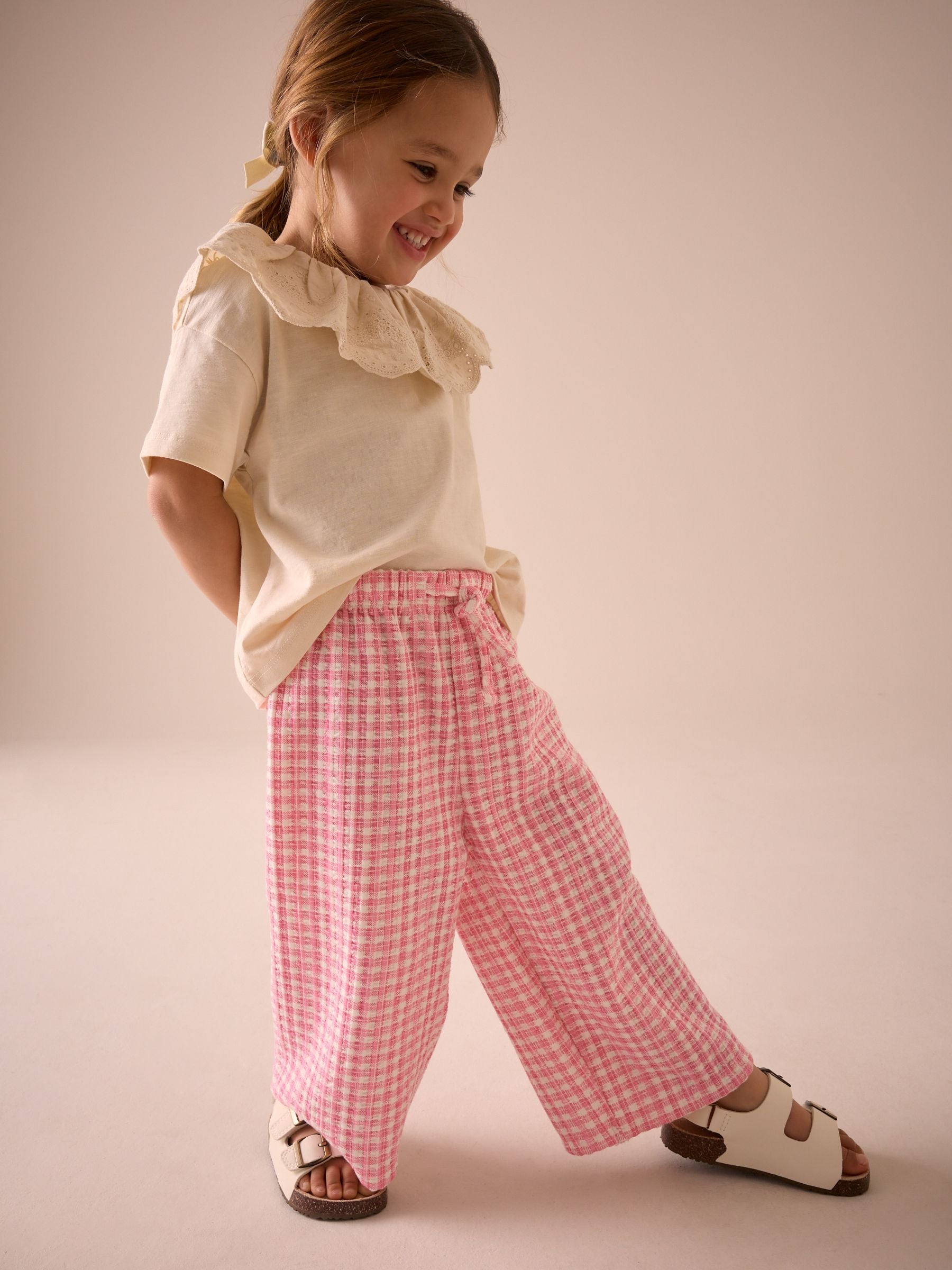 Pink Gingham Textured Wide Leg 100% Cotton Trousers (3mths-7yrs)