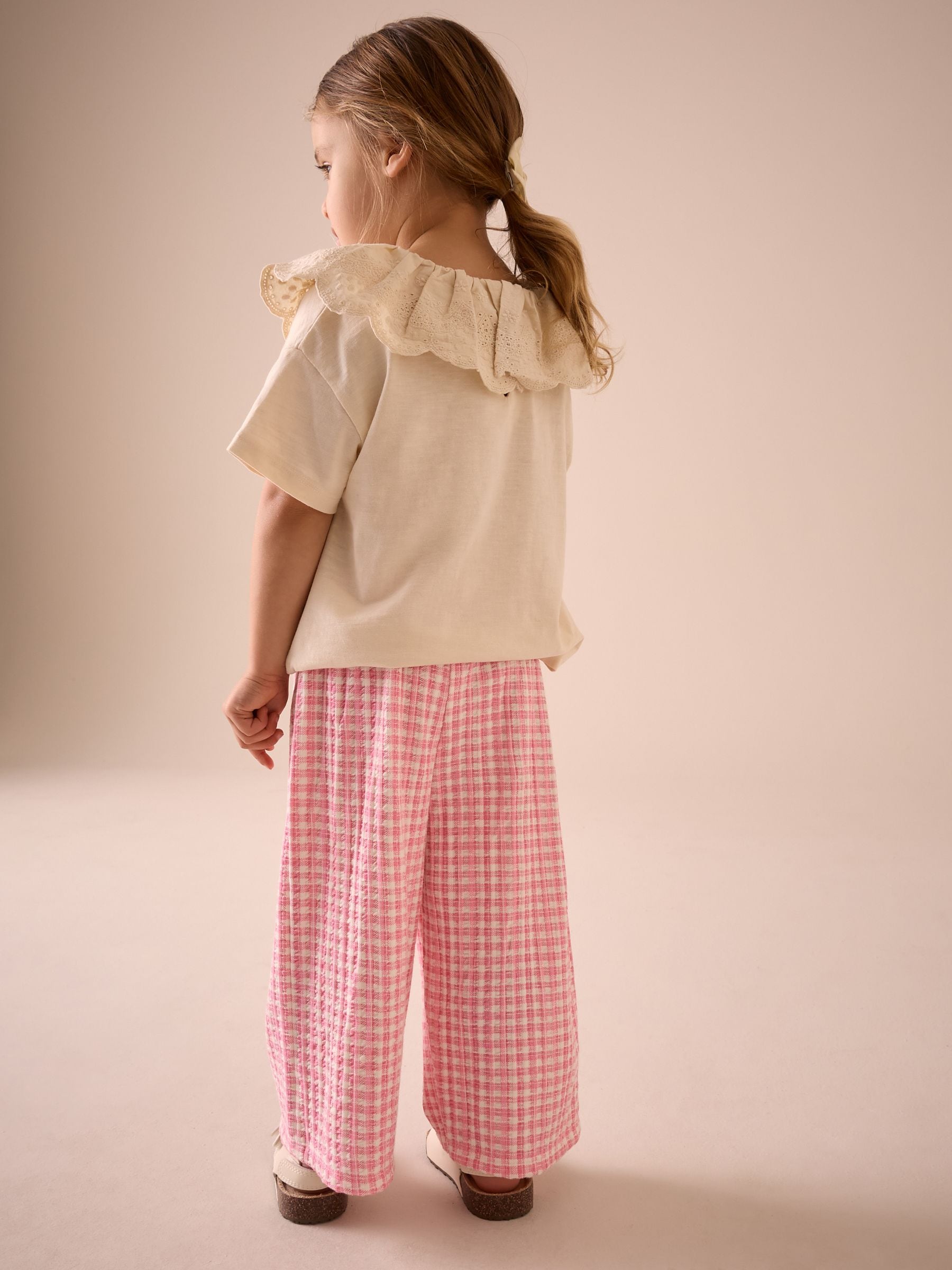 Pink Gingham Textured Wide Leg 100% Cotton Trousers (3mths-7yrs)