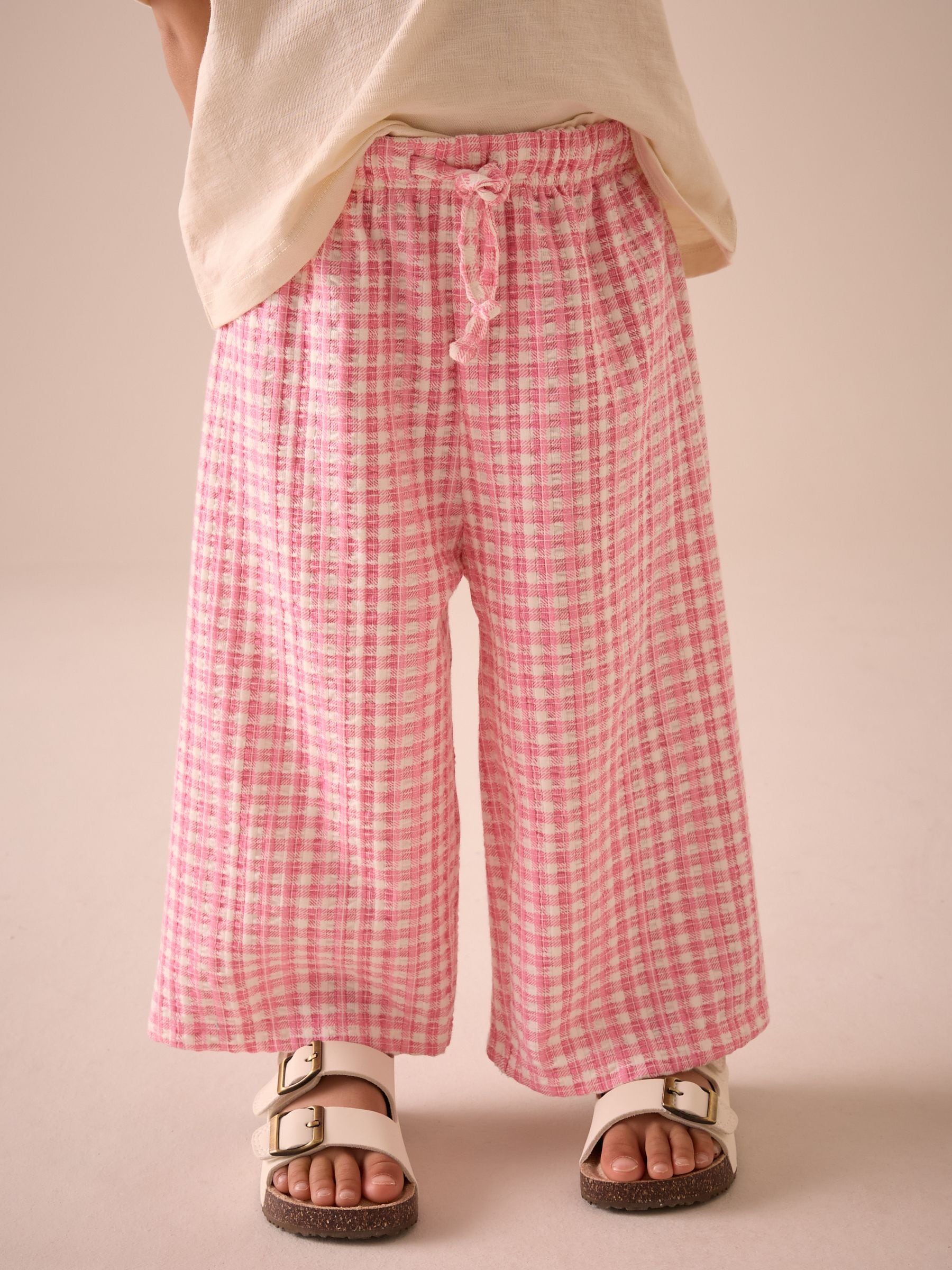 Pink Gingham Textured Wide Leg 100% Cotton Trousers (3mths-7yrs)