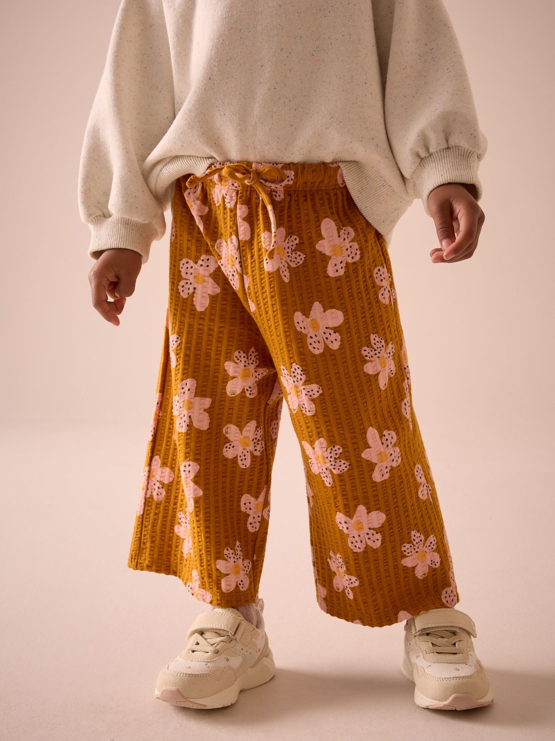 Brown Flower Textured Wide Leg 100% Cotton Trousers (3mths-7yrs)