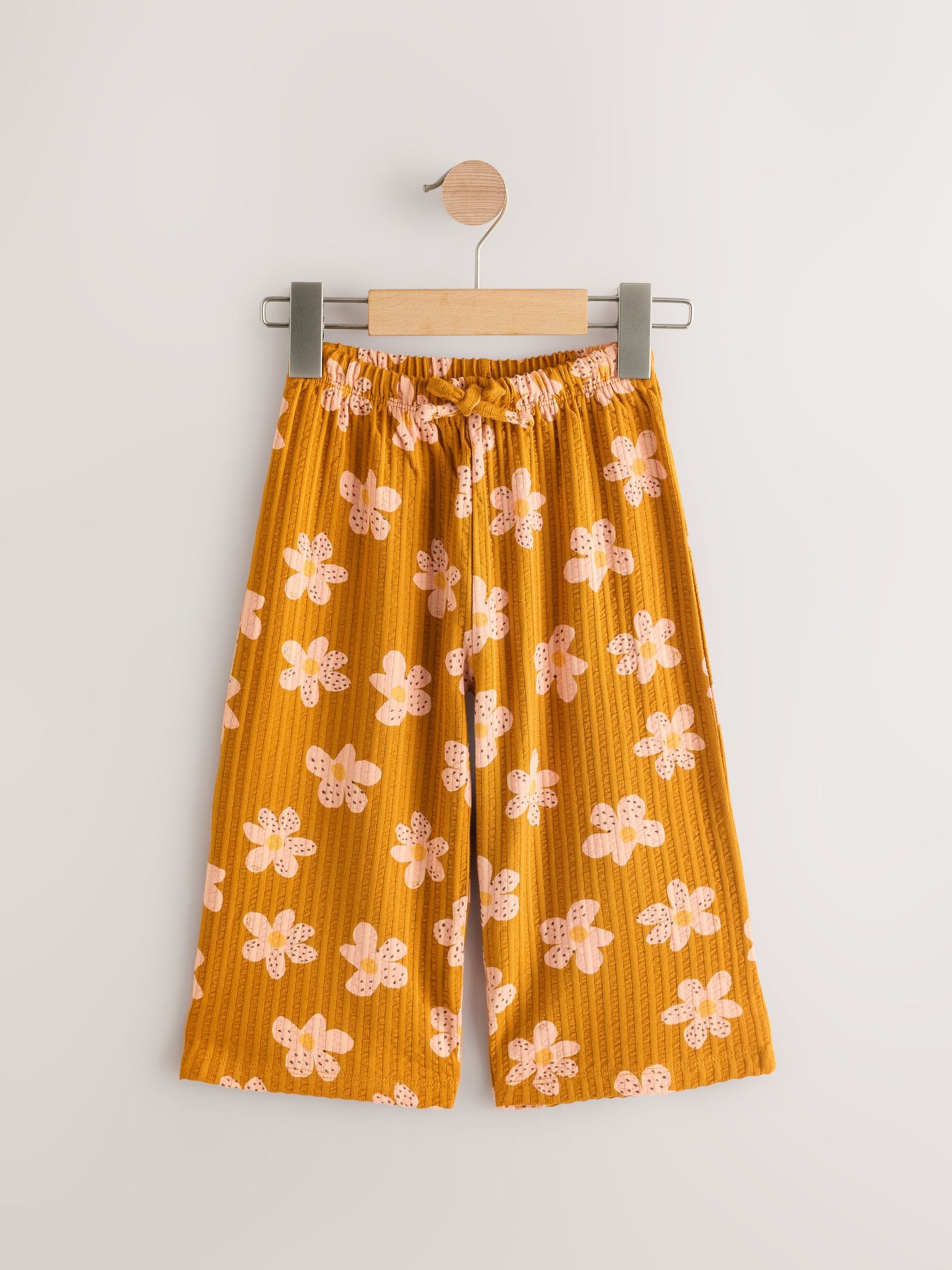 Brown Flower Textured Wide Leg 100% Cotton Trousers (3mths-7yrs)