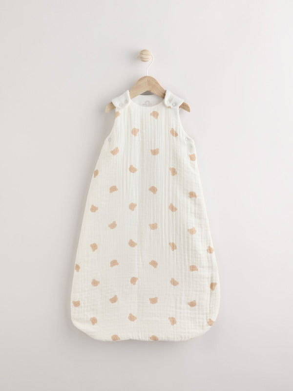 White Muslin Bear 2.5 Tog Baby 100% Cotton Sleep Bag