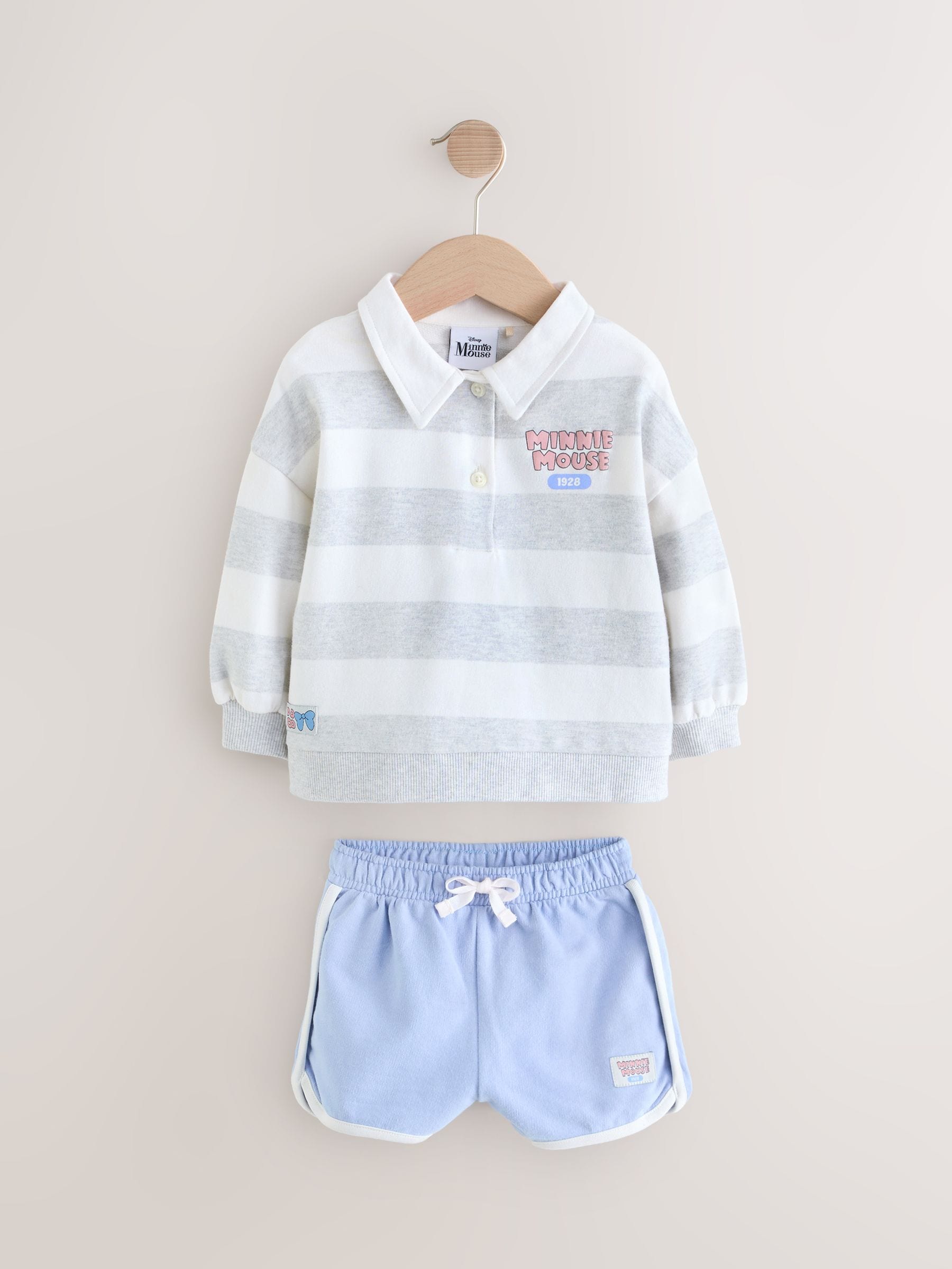 Grey 100% Cotton Minnie Mouse Stripe Rugby Sweatshirt And Shorts Set (3mths-7yrs)