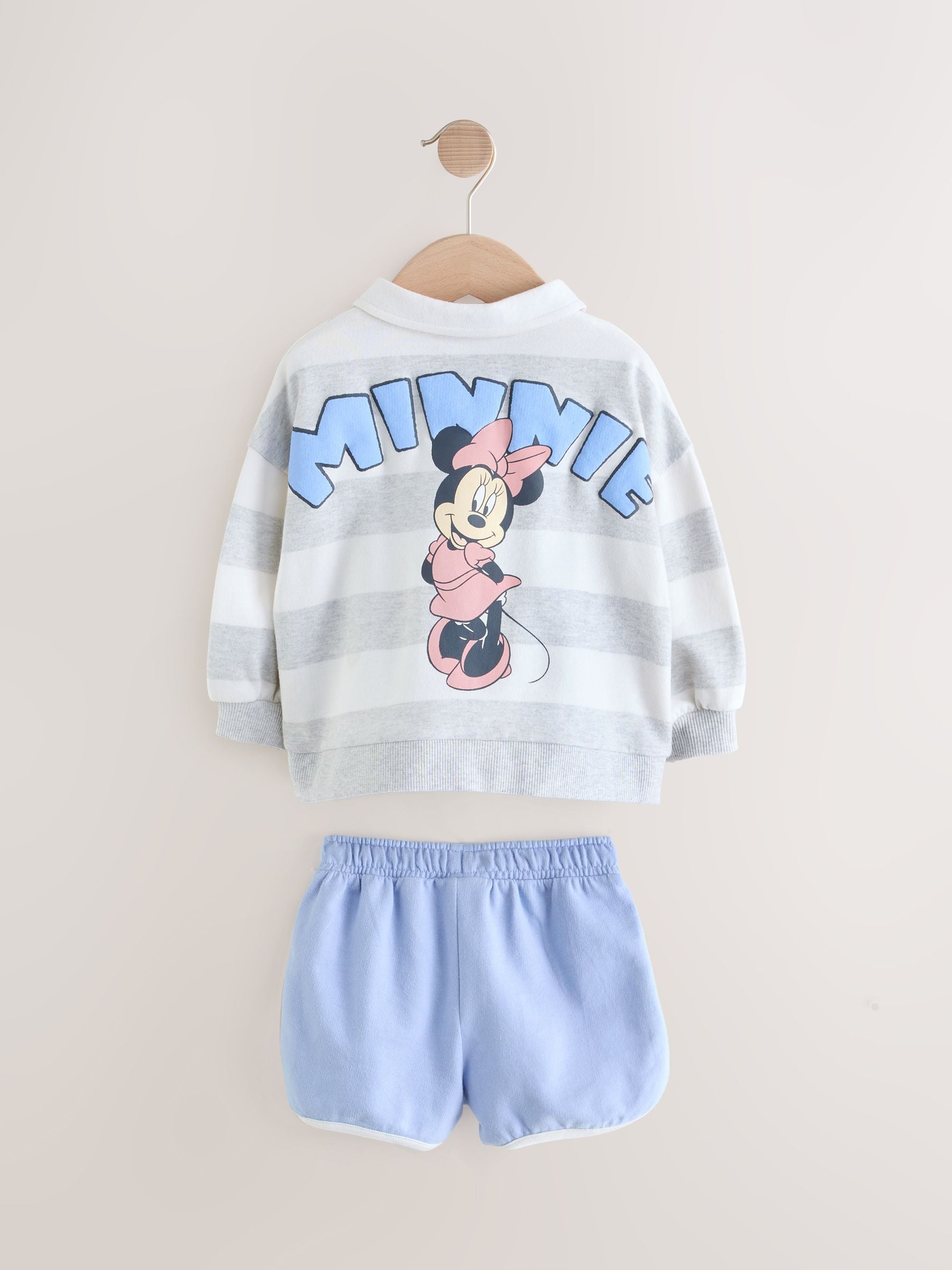 Grey 100% Cotton Minnie Mouse Stripe Rugby Sweatshirt And Shorts Set (3mths-7yrs)