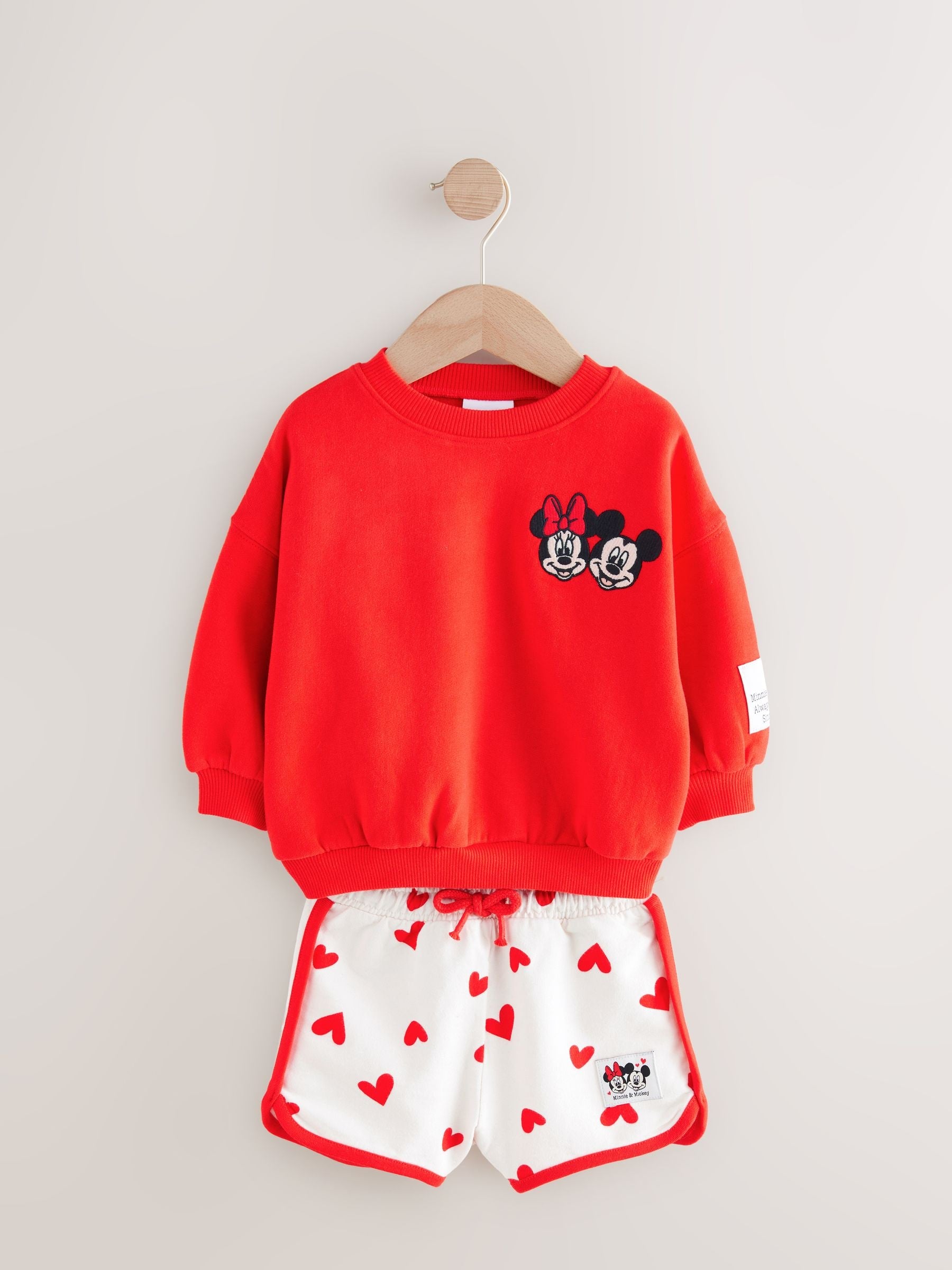 Red Minnie & Mickey Mouse Crew 100% Cotton Sweatshirt & Shorts Set (3mths-7yrs)