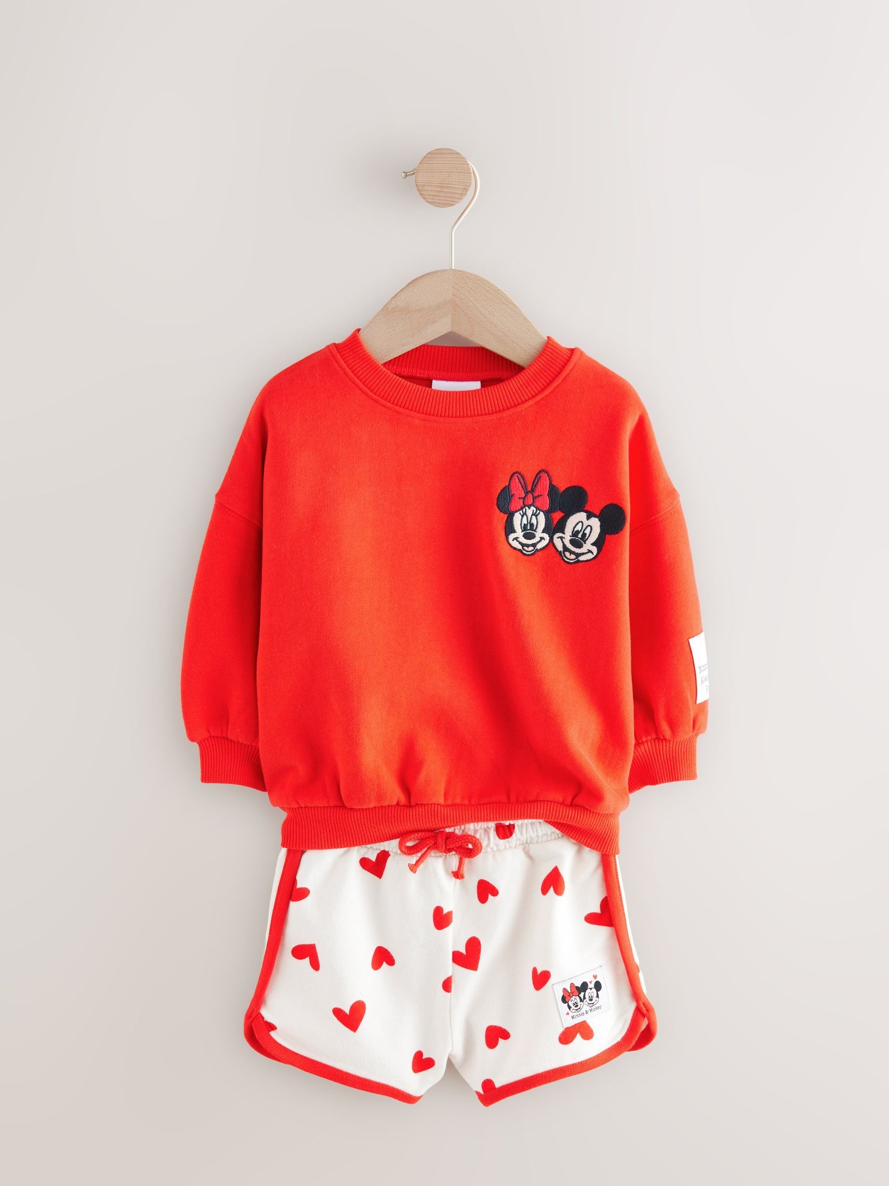 Red Minnie & Mickey Mouse Crew 100% Cotton Sweatshirt & Shorts Set (3mths-7yrs)