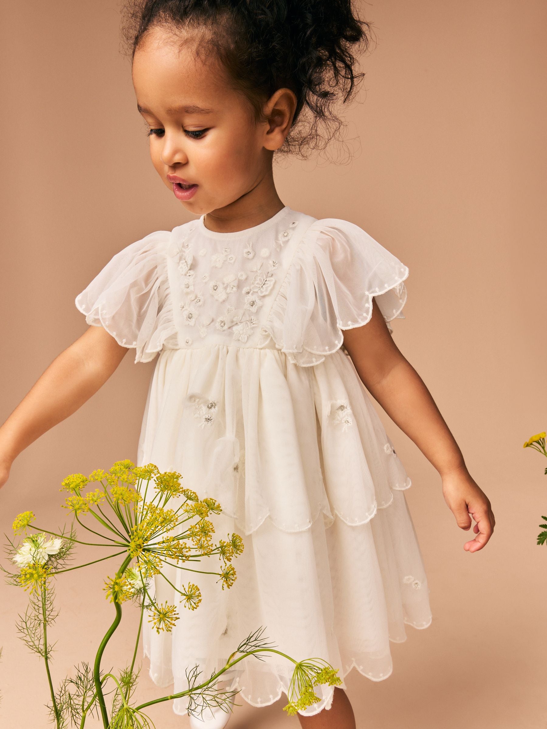 White Short Sleeve Embroidered Mesh Dress (3mths-7yrs)