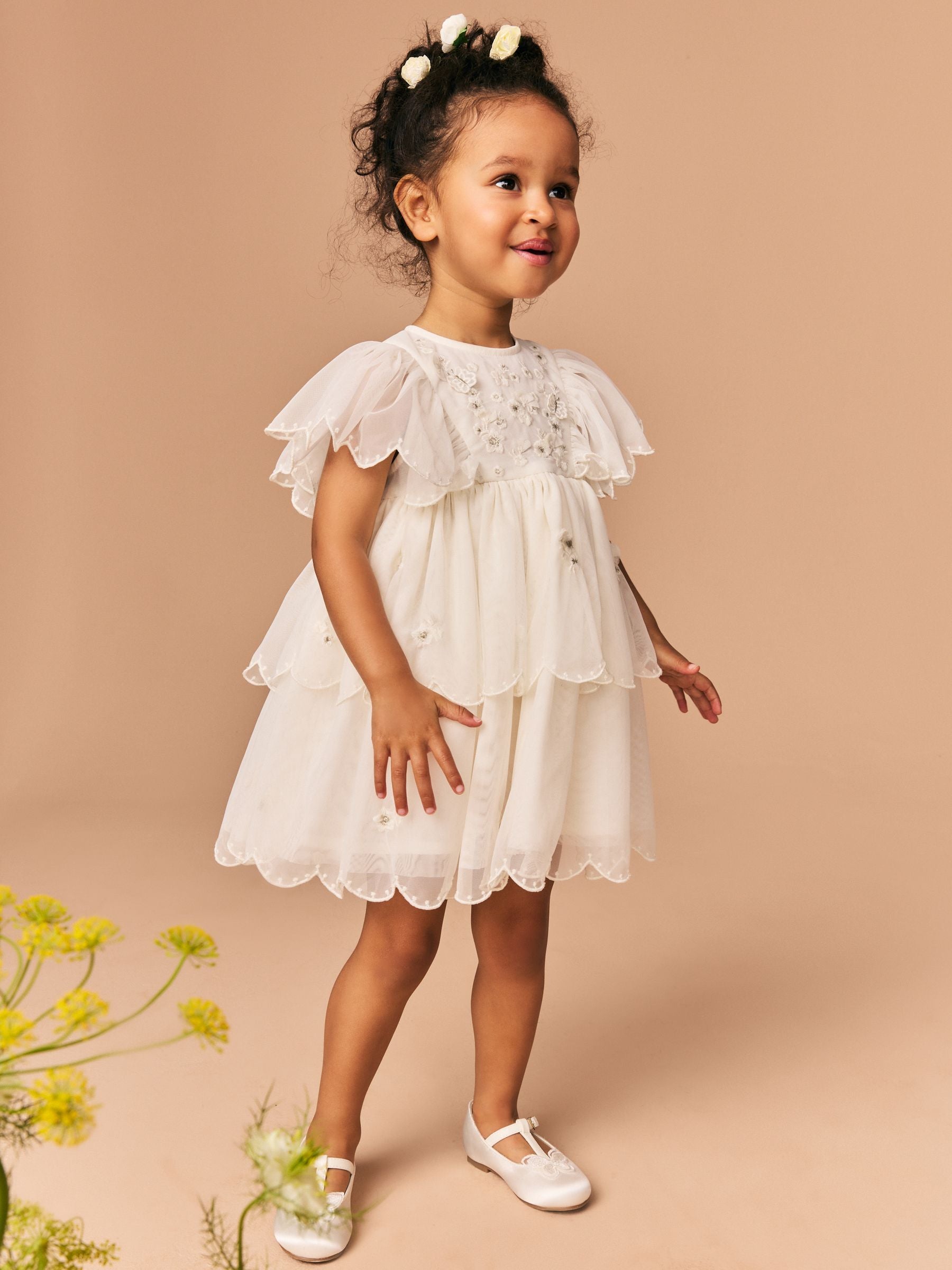 White Short Sleeve Embroidered Mesh Dress (3mths-7yrs)