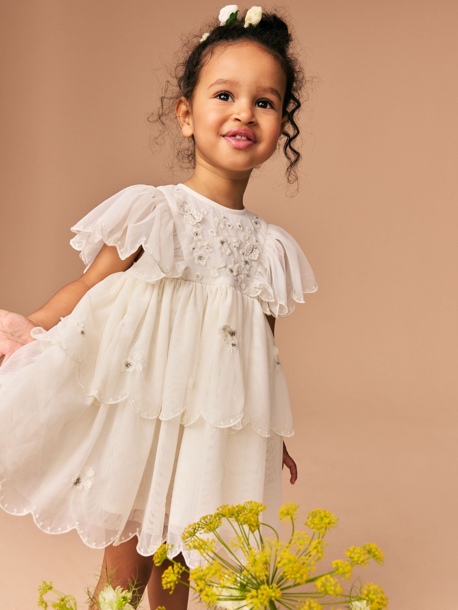 White Short Sleeve Embroidered Mesh Dress (3mths-7yrs)