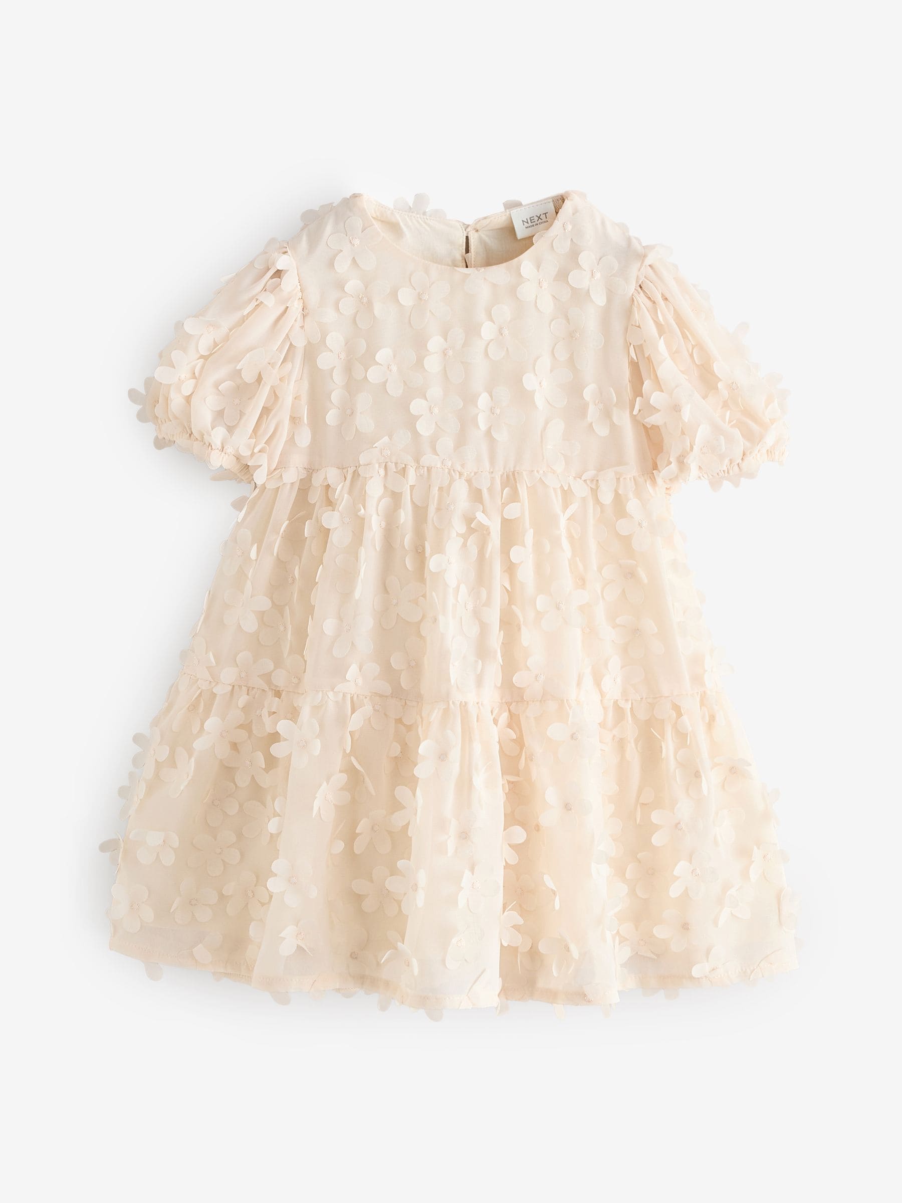 Ecru White Short Sleeve 3D Flowers Dress (3mths-7yrs)