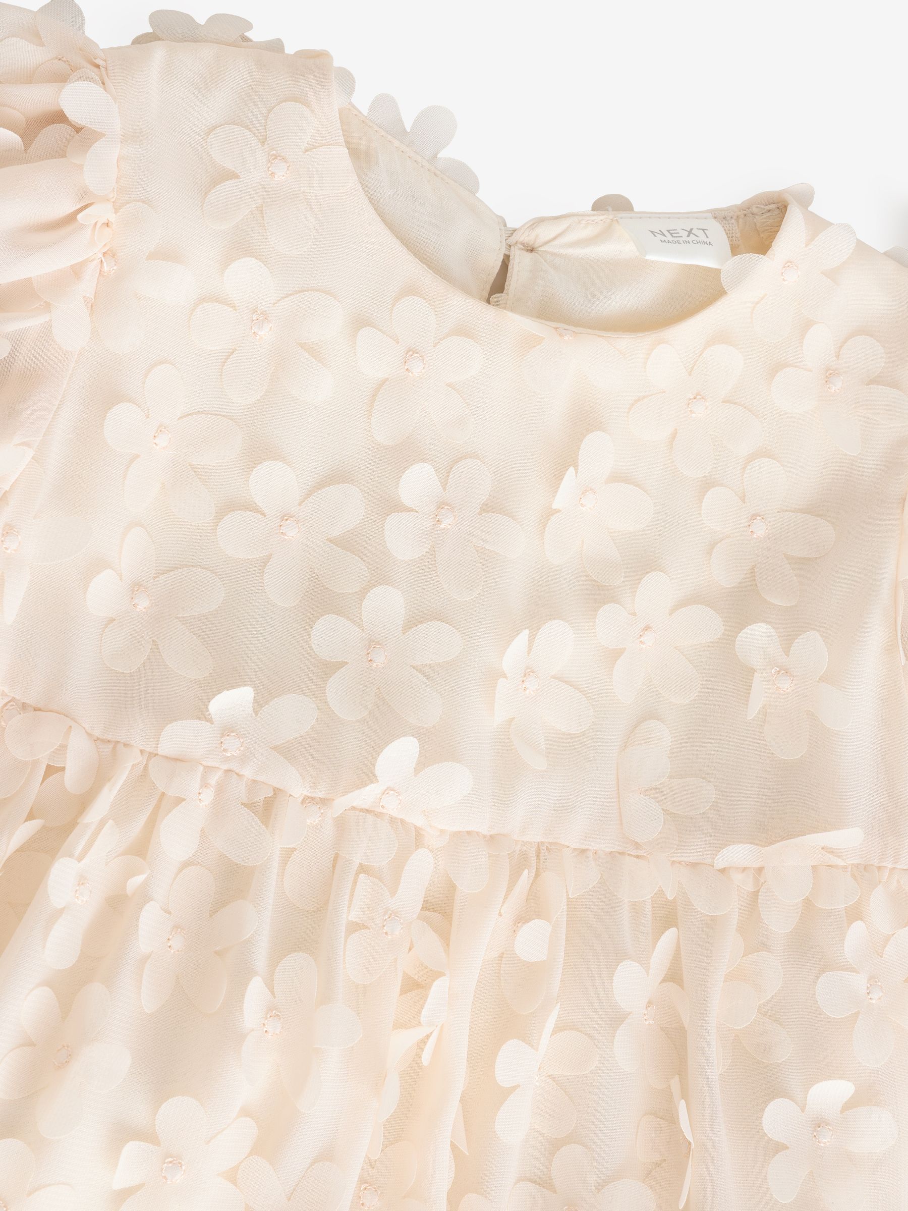 Ecru White Short Sleeve 3D Flowers Dress (3mths-7yrs)