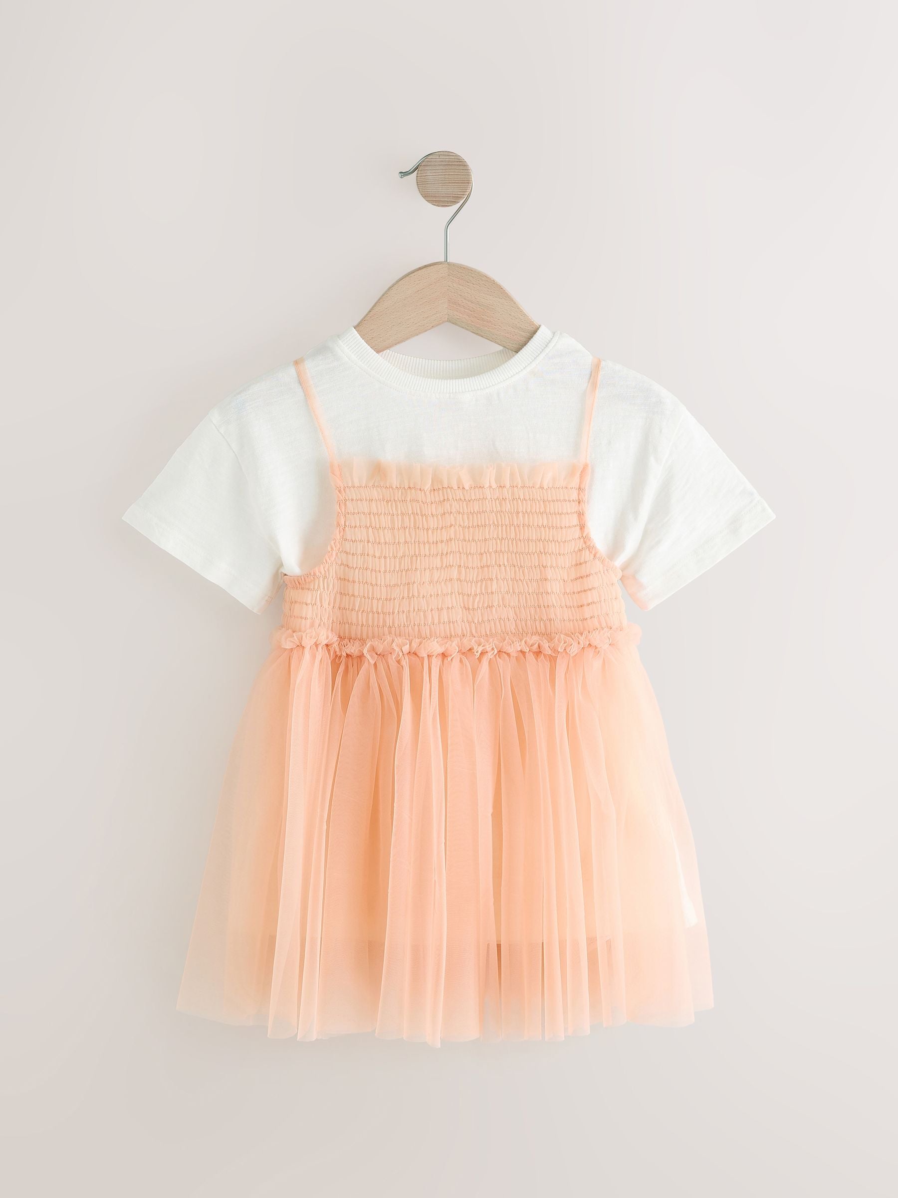 Peach Pink Short Sleeve Mesh Dress & T-Shirt Set (3mths-7yrs)