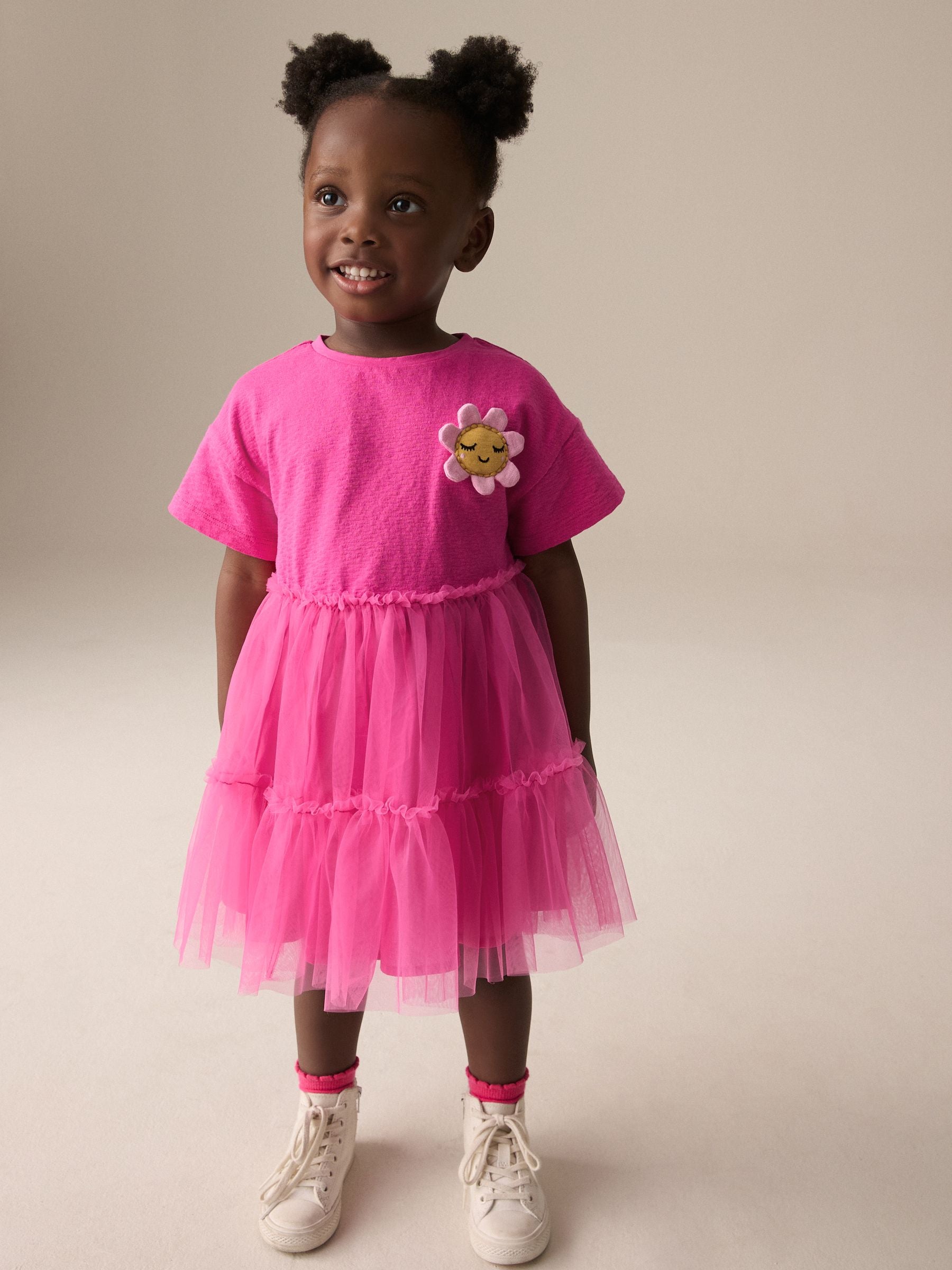 Bright Pink Character Short Sleeve Mesh Dress (3mths-7yrs)