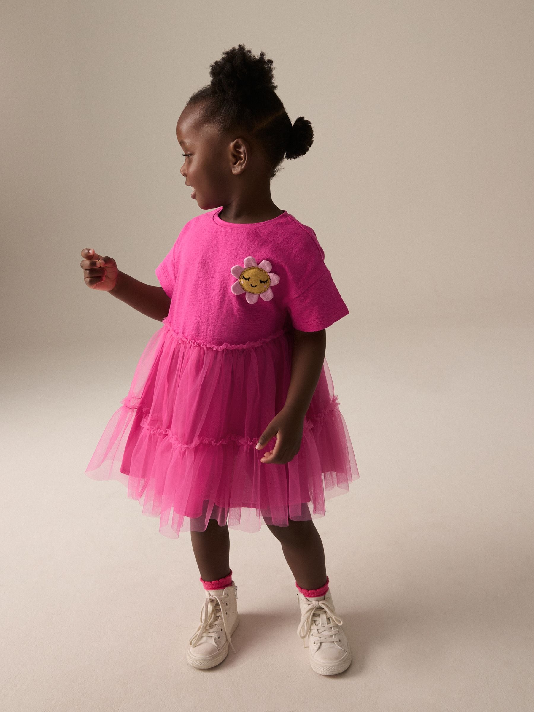 Bright Pink Character Short Sleeve Mesh Dress (3mths-7yrs)