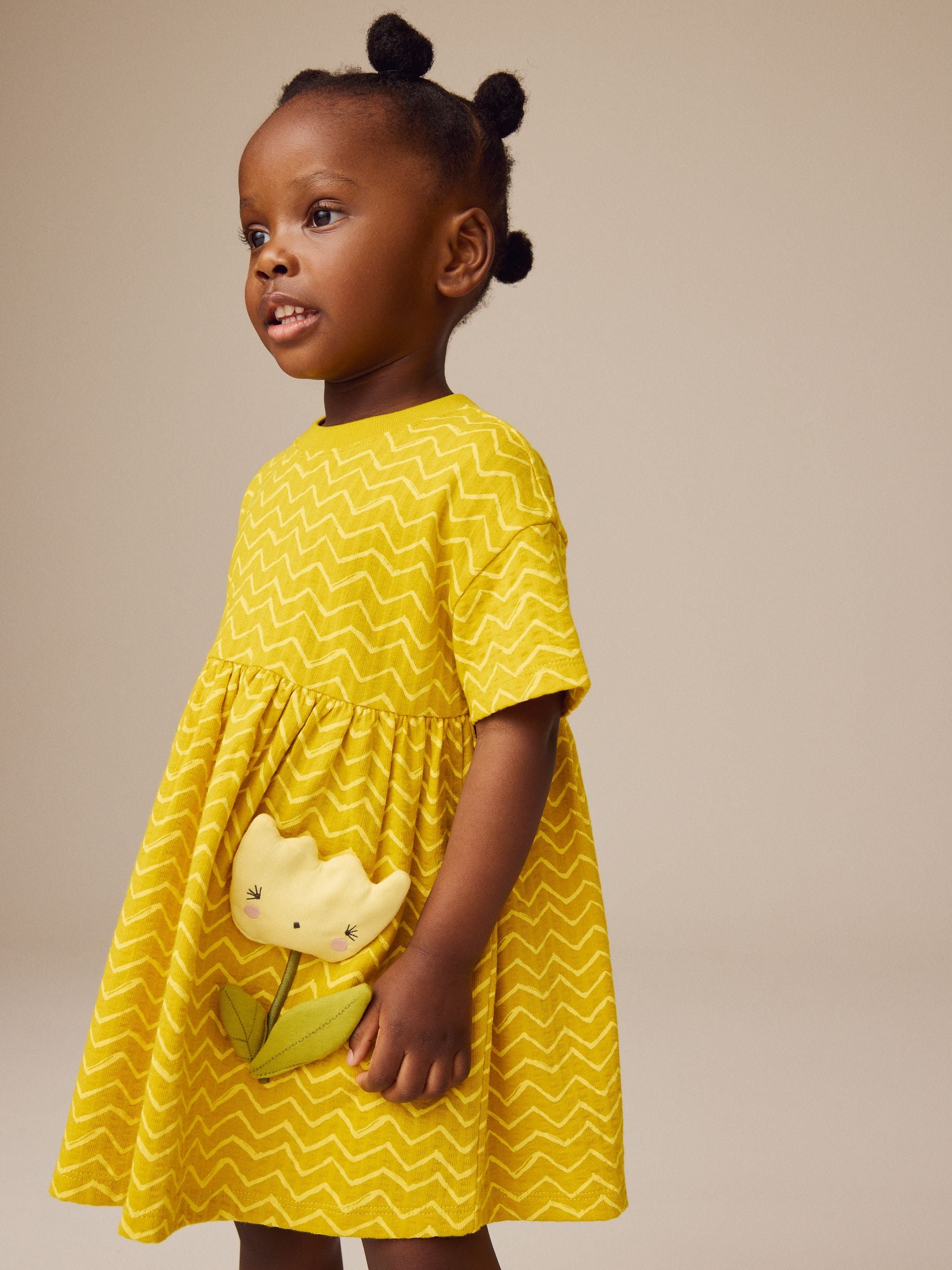 Ochre Yellow Padded Flower Short Sleeve 100% Cotton Dress (3mths-7yrs)