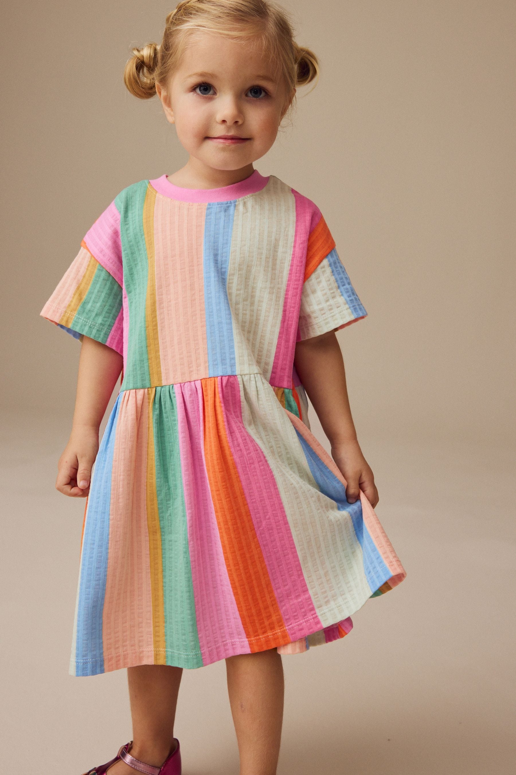 Rainbow Stripe Short Sleeve 100% Cotton Dress (3mths-7yrs)