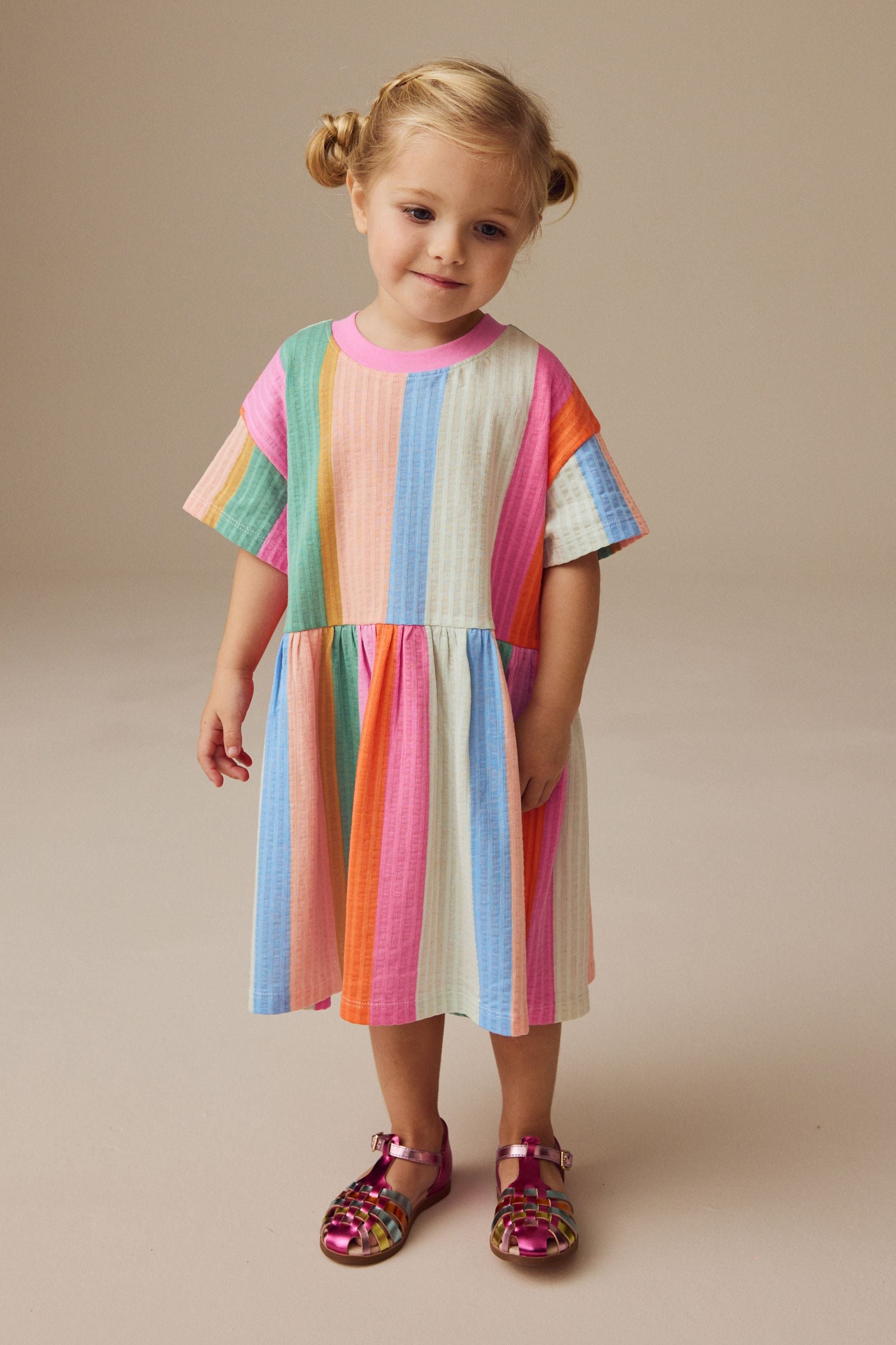 Rainbow Stripe Short Sleeve 100% Cotton Dress (3mths-7yrs)