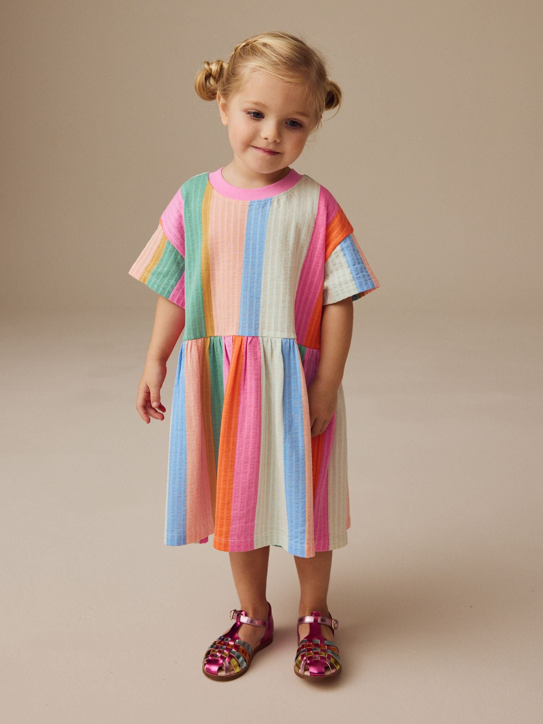 Rainbow Stripe Short Sleeve 100% Cotton Dress (3mths-7yrs)