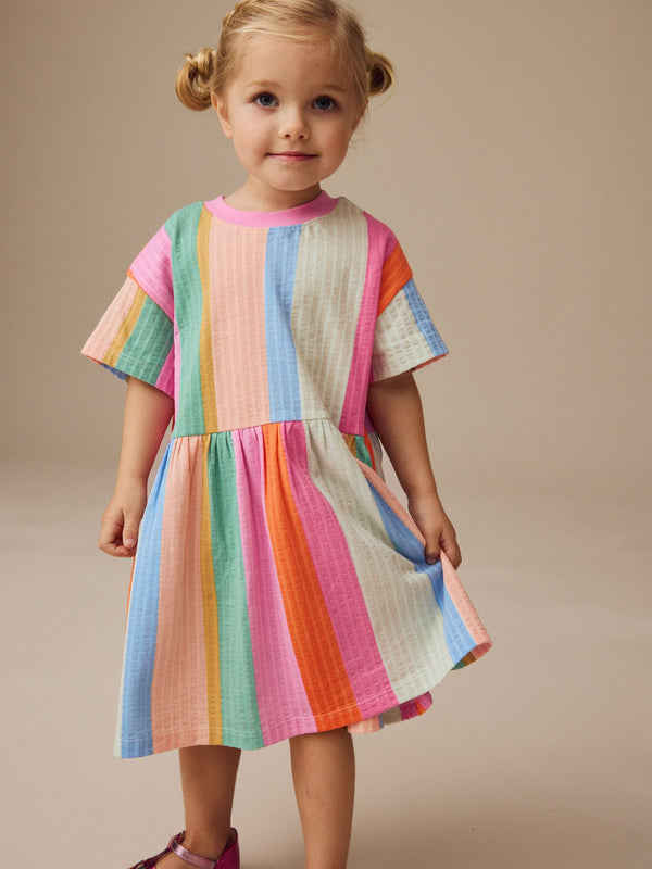 Rainbow Stripe Short Sleeve 100% Cotton Dress (3mths-7yrs)