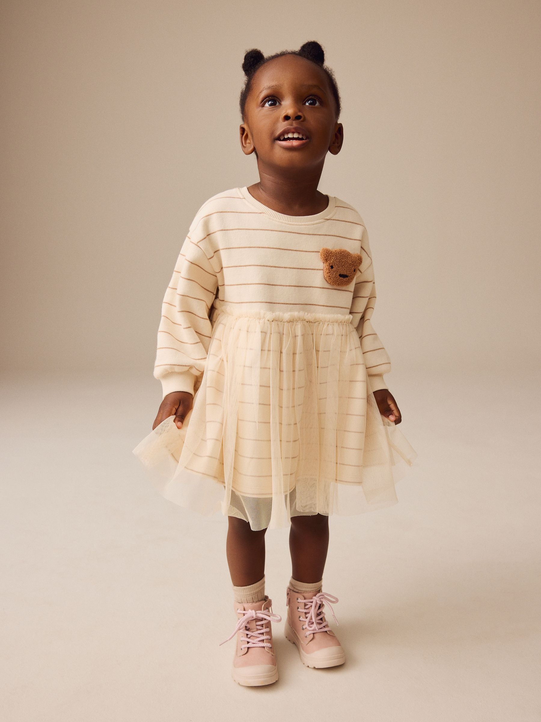 Neutral Bear Long Sleeve Sweat Mesh Dress (3mths-7yrs)