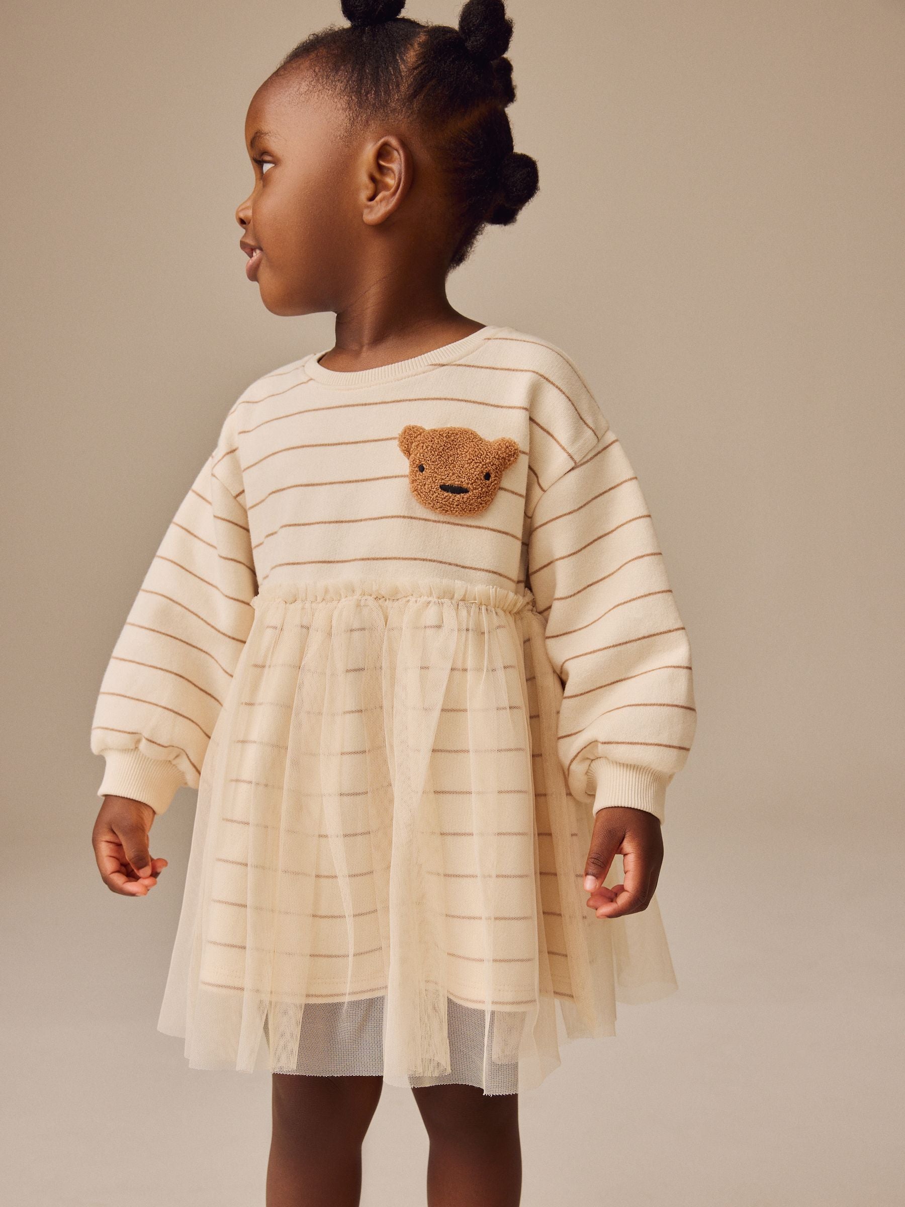 Neutral Bear Long Sleeve Sweat Mesh Dress (3mths-7yrs)