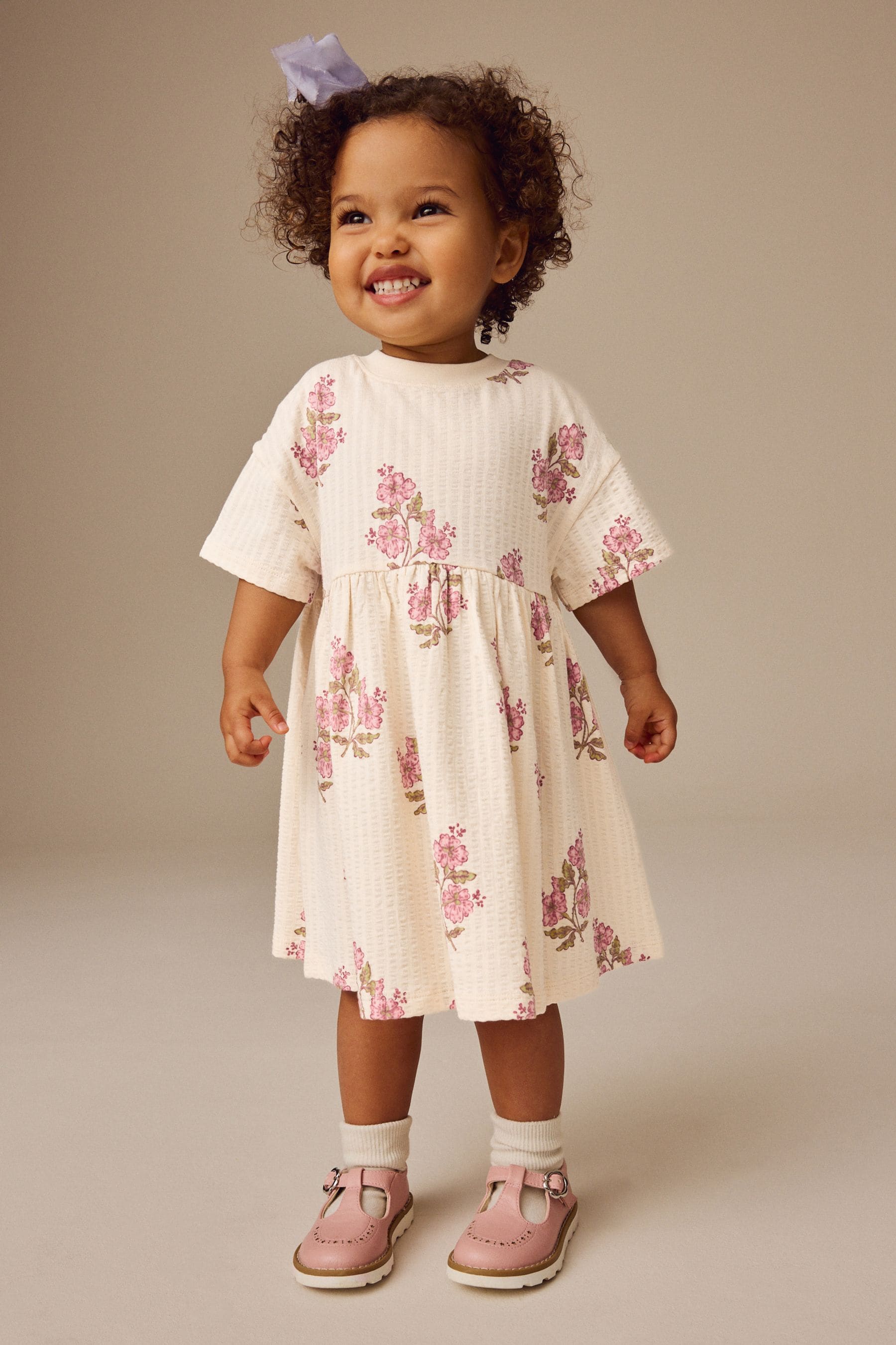 Ecru White Floral Short Sleeve 100% Cotton Dress (3mths-7yrs)