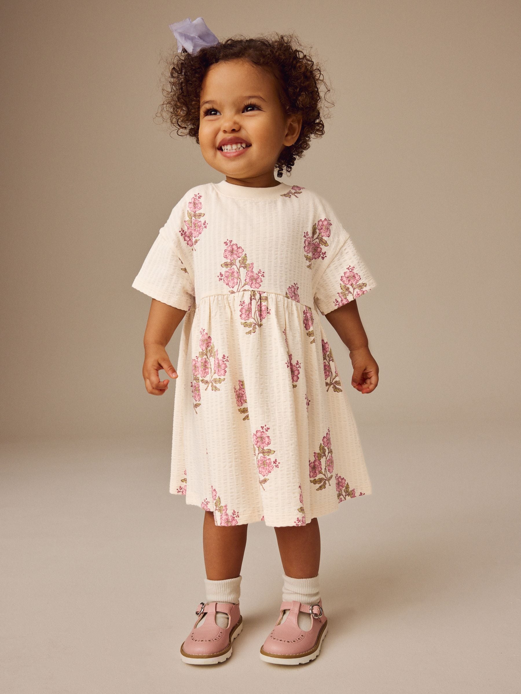 Ecru White Floral Short Sleeve 100% Cotton Dress (3mths-7yrs)