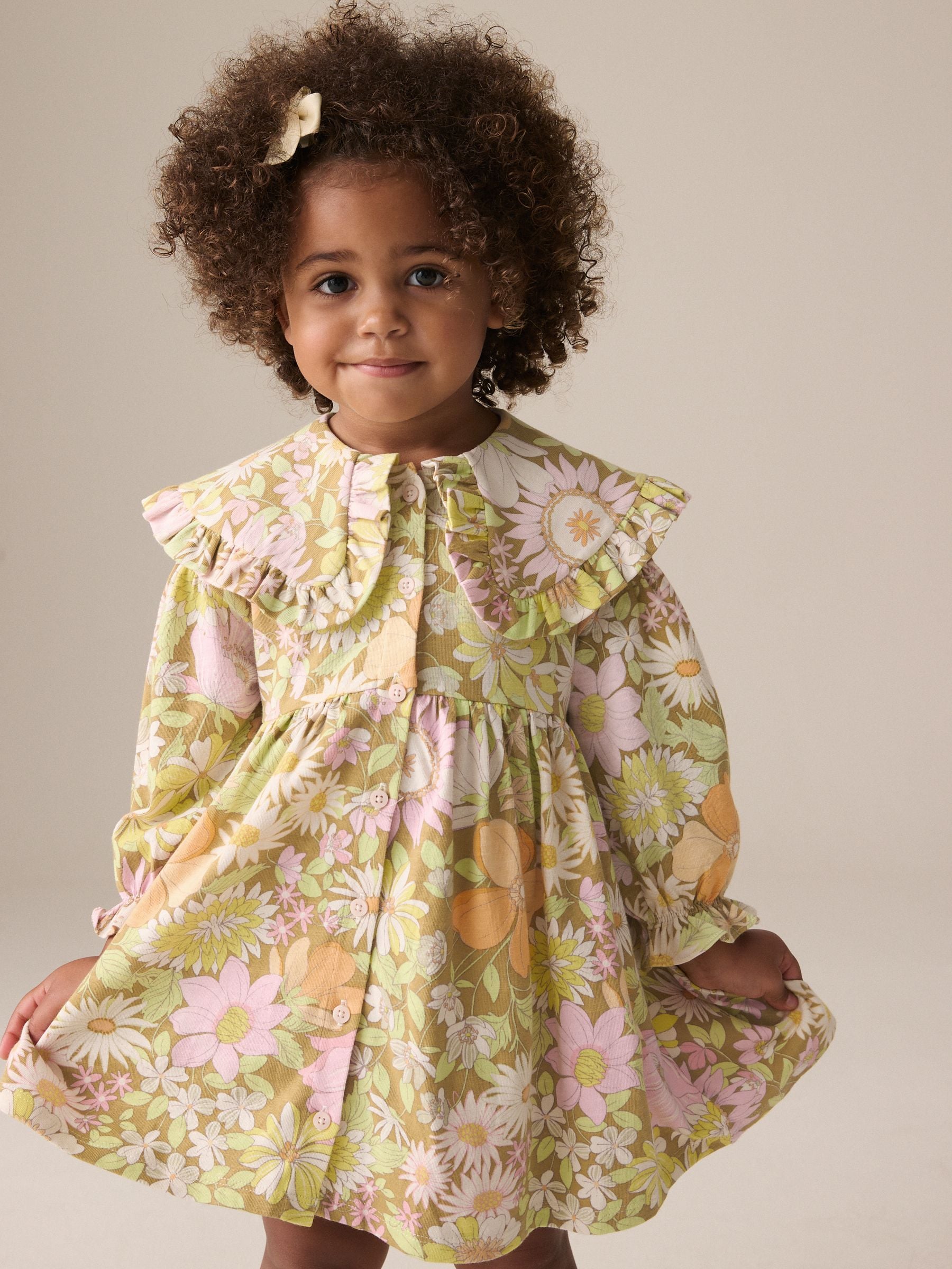 Green Floral Long Sleeve Collar 100% Cotton Dress (3mths-7yrs)